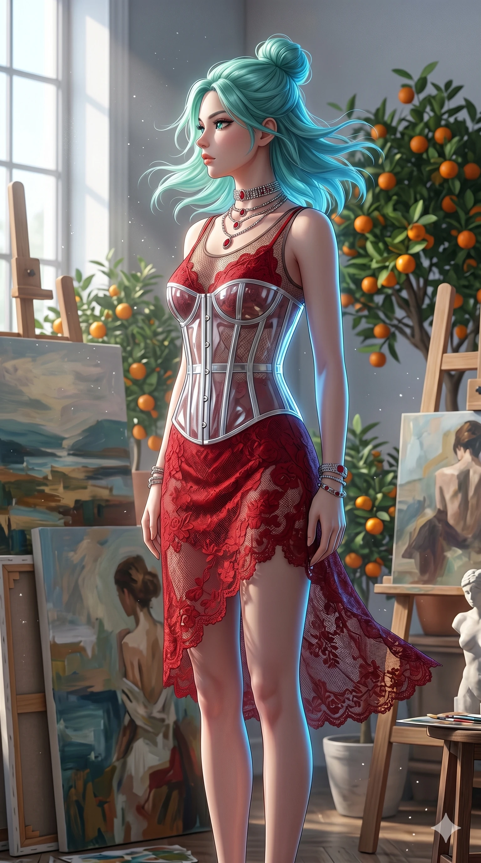 score_9, masterpiece, best quality, ultra-detailed, high-budget anime keyframe, editorial fashion photography, tasteful artistic composition, Japanese woman. cowboy shot from the thighs up, character and outfit filling the frame for maximum editorial presence. standing tall, her face turned in profile to catch the wind inside an art studio filled with oil canvases and potted orange trees (Code-P18-175). She has an absolutely perfect 8-heads proportion, an exceptionally tall and slender female figure with impossibly long slender legs and an ultra-slim waist. V-shaped jawline, high-bridge nose, intricate jewel-like eyes with depth, thick eyelashes, glossy lips with a natural sheen. wearing a transparent PVC corset over a red lace slip dress. bright cinematic volumetric lighting with a cool blue rim light tracing her contours. 2k, ultra detail, master piece, 9:16 ratio