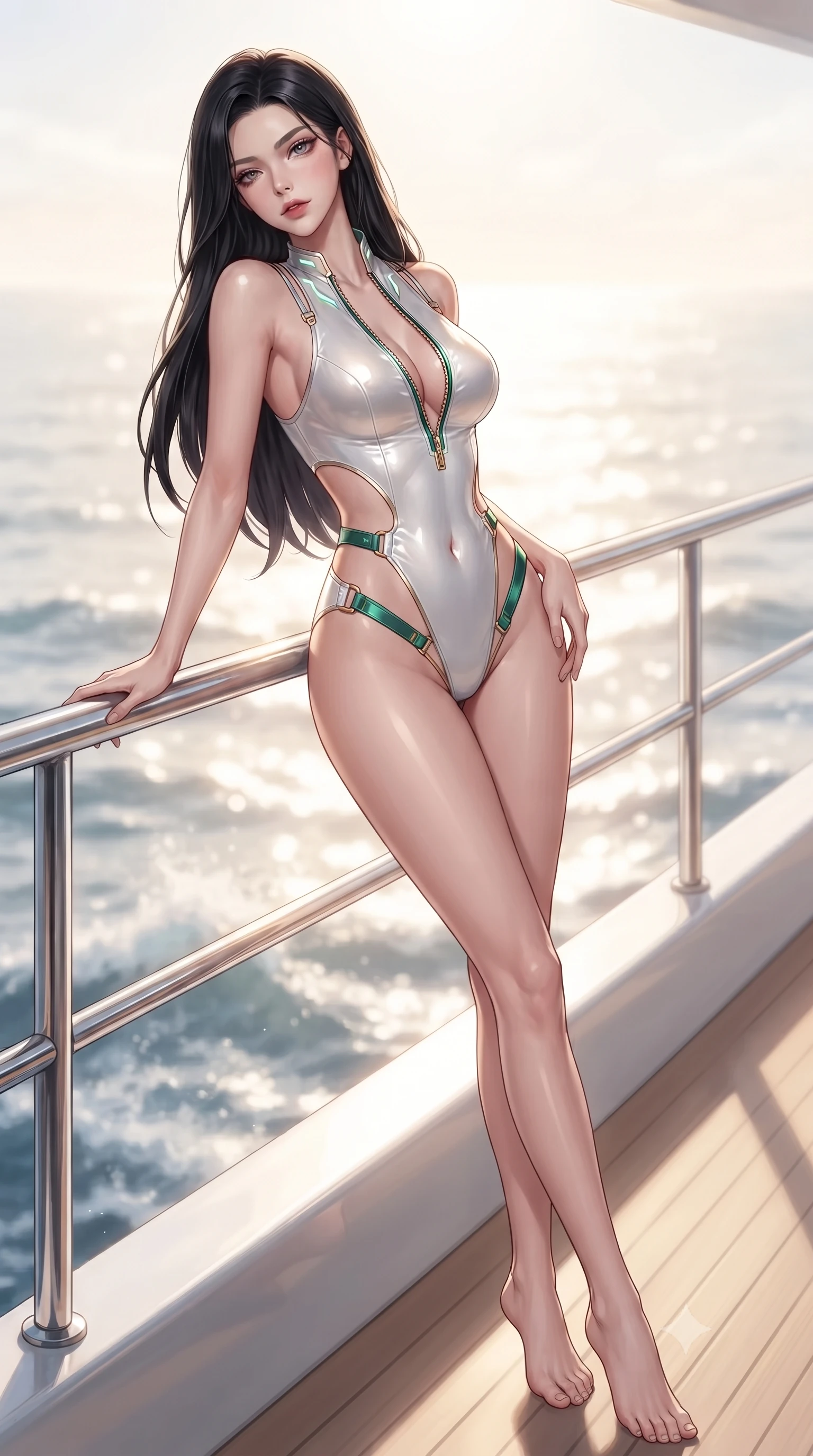 score_9, masterpiece, best quality, ultra-detailed, high-budget anime keyframe, editorial fashion photography, tasteful artistic composition, Korean woman. low angle full-body shot from head to toe showing her feet, filling the entire 9:16 vertical frame with her statuesque presence, stretching her vertical silhouette. pivoting dynamically in mid-motion with a breathtakingly alluring posture, displaying her flawless model proportions and ultra-slim waist while leaning against a polished chrome handrail with a smoldering gaze as sea spray and sunlight trace her curves. The composition keeps background elements in soft focus with creamy bokeh. intense marine sunlight reflecting off water waves into a glowing, sun-soaked backdrop. She has an absolutely perfect, statuesque 8.5-heads proportion, an exceptionally tall and slender model-like female figure with impossibly long slender legs, a toned flat midriff, and an ultra-slim waist. sharp v-shaped jawline, high-bridge nose, intricate jewel-like eyes with depth, thick eyelashes, glossy lips with a natural sheen, flawlessly proportioned anatomical accuracy, strict slender model proportions, natural body alignment, perfectly sculpted long slender limbs, ultra-slim waistline, clean dynamic posture without body distortion. wearing a second-skin white liquid-mercury micro-bodysuit sculpted tightly to her slender build, featuring razor-thin metallic straps and hip cutouts in bright emerald green satin and gold hardware, formed from high-gloss patent material with specular light reflections, featuring a dangerously unzipped neckline framed by glowing cybernetic accents, the precision-cut daring openings accentuating her delicate midriff, graceful bare collarbones, and ultra-slim feminine waistline. surrounded by an exclusive, sun-drenched, and unapologetically glamorous superyacht luxury aura. ultra-reflective glossy finish, specular highlights, metallic sheen, high-contrast stereoscopic depth, volumetric dynamic lighting, 2k, ultra detail, master piece, 9:16 ratio