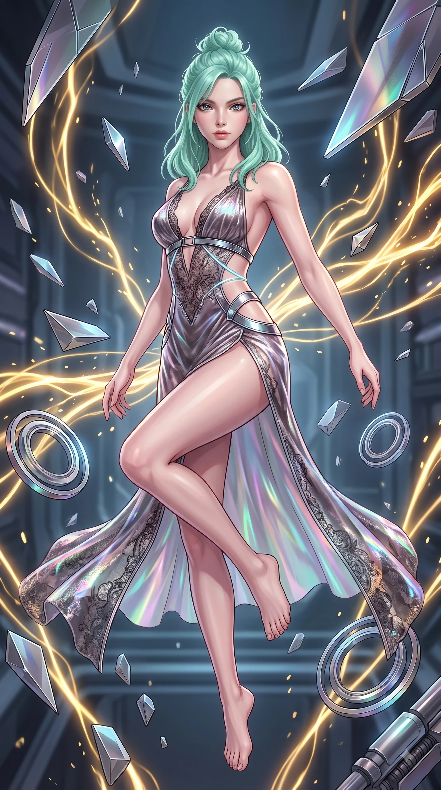 score_9, masterpiece, best quality, ultra-detailed, high-budget anime keyframe, semi-realistic 3D game render, editorial fashion photography, tasteful artistic composition, Japanese woman. low angle full-body shot from head to toe showing her feet, filling the entire 9:16 vertical frame with her statuesque presence, stretching her vertical silhouette. performing an alluring mid-air vault with flawless poise, looking directly into the camera with smoldering intensity while pivoting in mid-air amidst floating geometric alloy shards and pulsating gold energy streams. The surrounding environment is rendered in vivid detail and crisp panoramic clarity. crisp magnetic field rings, floating alloy shard edges, and detailed reactor conduits in deep focus. She has an absolutely perfect, statuesque 8.5-heads proportion, an exceptionally tall and slender model-like female figure with impossibly long slender legs and an ultra-slim waist. sharp v-shaped jawline, high-bridge nose, intricate jewel-like eyes with depth, thick eyelashes, glossy lips with a natural sheen, flawlessly proportioned anatomical accuracy, natural body alignment, perfectly sculpted elegant limbs, clean dynamic posture without body distortion. wearing a backless crushed velvet gown with a deep V-neckline, strategic hip cutouts, and an ultra-high thigh slit in translucent smoky quartz and iridescent holographic sheen, crafted from delicate dark lace interwoven with luminescent micro-fibers, reinforced by a sleek metallic chrome harness and delicate glowing micro-straps, the glove-like fit tightly following every curve of her statuesque athletic build. surrounded by a supercharged, high-voltage, and breathtakingly bold sensual aura. highly saturated vibrant anime colors, detailed shading with soft gradients, rich glossy textures, high-contrast stereoscopic depth, volumetric dynamic lighting, master piece, 9:16 ratio