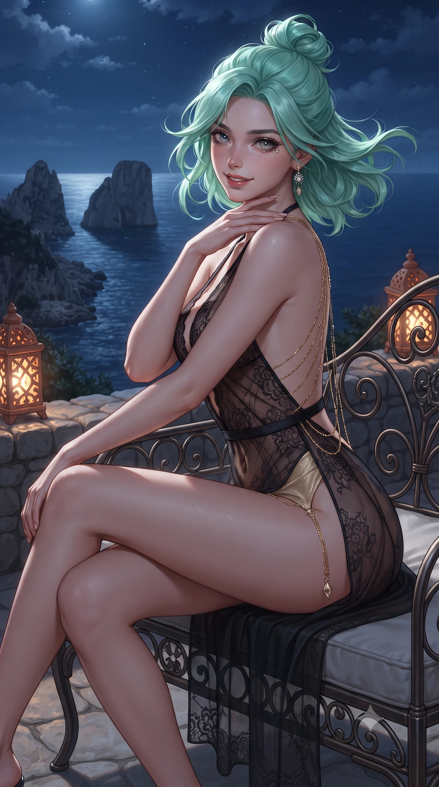 score_9, masterpiece, best quality, ultra-detailed, high-budget anime keyframe, editorial fashion photography, tasteful artistic composition, Japanese woman. close-up cowboy shot from the waist and thighs up, the character dominates the composition, filling the frame with her large presence. turning slowly with an enchanting smoldering smile, her glossy hair tossing in the breeze as her hips angle gracefully in a captivating contrapposto while sitting gracefully on the wrought-iron lounge seat with legs crossed, running one manicured hand slowly down her neck with magnetic poise. The surrounding environment is rendered in vivid detail and crisp panoramic clarity: detailed ultra-daring sheer macramé lace bodysuit plunge, criss-cross strappy torso details, and island stonecraft in high resolution. She has an exceptionally elegant, slender, and willowy female figure with an ultra-slim waist, flat toned midriff, narrow ribcage, and sculpted feminine hips creating an alluring, slim hourglass silhouette without bulk. sharp v-shaped jawline, high-bridge nose, intricate jewel-like sparkling eyes with depth, thick eyelashes, glossy parted lips with a natural peach sheen, bright cheerful beaming smile with an enchanting and coquettish sensual glint, exuding both youthful cute charm and seductive allure, flawlessly proportioned anatomical accuracy, strict slender model proportions, natural body alignment, perfectly sculpted long slender limbs, ultra-slim waistline, clean dynamic posture without body distortion. wearing a delicate sheer French lace halter teddy with a low scoop back and crystal garter attachments in deep midnight obsidian black and liquid champagne gold, made of fluid liquid jersey with seamless sculpting hold and smooth contours, accented with an open-back drape framed by falling strands of delicate gold chains, the high-slit wrap tailoring accentuating her ultra-slim waistline and the enchanting curve of her feminine hips with alluring seductive charm. bathed in the magical cool silver 4500K moonlight illuminating the sea stacks mixed with warm 2400K pierced terracotta lanterns. ultra-reflective glossy finish, specular highlights, rich textural contrasts, high-contrast stereoscopic depth, volumetric dynamic lighting, 2k, ultra detail, master piece, 9:16 ratio