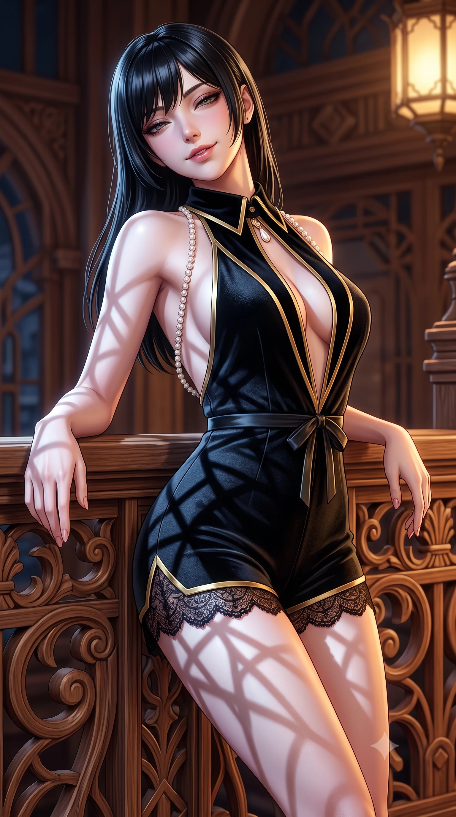 score_9, masterpiece, best quality, ultra-detailed, high-budget anime keyframe, semi-realistic 3D game render, editorial fashion photography, tasteful artistic composition, Caucasian woman. close-up cowboy shot from the waist and thighs up, the character dominates the composition, filling the frame with her large presence. leaning back against the balustrade with relaxed seductive grace, head tilted back slightly while casting a hypnotic, heavy-lidded gaze while twisting her slender torso in an alluring contrapposto stance, intricate geometric shadow patterns cast by moonlight tracing her flat midriff and curvy hips. The surrounding environment is rendered in vivid detail and crisp panoramic clarity: detailed sheer silk organza modern robe slipping off shoulders, red satin bralette cling, and master woodcraft in high resolution. She has an exceptionally elegant, slender, and willowy female figure with an ultra-slim waist, flat toned midriff, narrow ribcage, and sculpted feminine hips creating an alluring, slim hourglass silhouette without bulk. sharp v-shaped jawline, high-bridge nose, sparkling eyes with hypnotic seductive depth, thick curled eyelashes, glossy parted lips with a natural dewy peach sheen, alluring bedroom-eyes with an enchanting coquettish smile, exuding magnetic siren charisma and sophisticated glamour, flawlessly proportioned anatomical accuracy, strict slender model proportions, natural body alignment, perfectly sculpted long slender limbs, ultra-slim waistline, clean dynamic posture without body distortion. wearing a plunge-neck stretch velvet romper with scalloped eyelash-lace hems and a cinched waist ribbon in Shanghai Art Deco black and polished brass gold, tailored from fine structural neoprene with crisp architectural edges and smooth contouring, accented with a pearl-drop body harness subtly framing her dewy collarbones and spine, the glove-like clinging cut tightly following the natural contour of her hips and long slender legs with youthful 8.5-heads elegance. illuminated by warm interior lantern bounce and sharp silver-gold rim lights defining her razor-sharp jawline, narrow waist, and curvy hips. highly saturated vibrant anime colors, detailed shading with soft gradients, rich glossy textures, high-contrast stereoscopic depth, volumetric dynamic lighting, master piece, 9:16 ratio