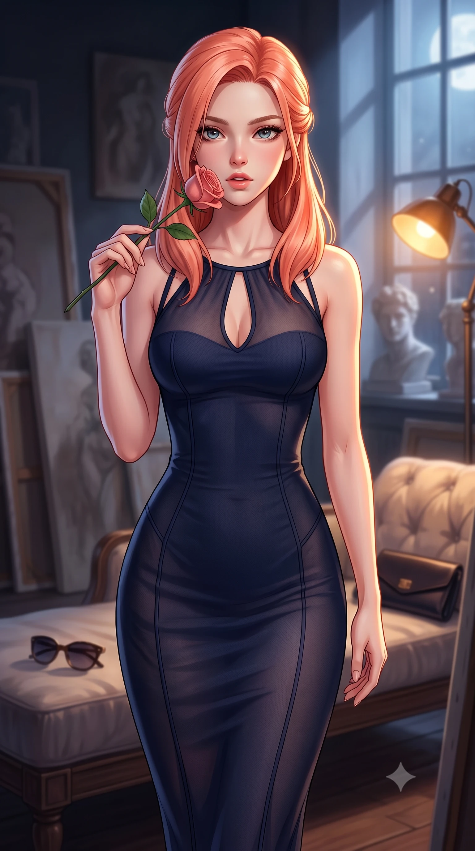 score_9, masterpiece, best quality, ultra-detailed, high-budget anime keyframe, editorial fashion photography, tasteful artistic composition, Japanese woman. close-up cowboy shot from the waist and thighs up, the character dominates the composition, filling the frame with her large presence, background elements kept in soft focus. gasping softly with a charming expression, holding a rose stem near her cheek with a magnetic stare set against a soft-focus background of inside an exclusive art atelier with a pair of designer sunglasses and a sleek leather clutch bag on the lounger. She has an exceptionally elegant, slender, and willowy female figure with an ultra-slim waist, a gracefully sculpted slender torso, and a refined silhouette. sharp v-shaped jawline, high-bridge nose, intricate jewel-like eyes with depth, thick eyelashes, glossy lips with a natural sheen. wearing tailored midnight navy semi-opaque chiffon body-hugging knit midi dress with a tasteful keyhole neckline cutout and thin shoulder straps featuring refined tailored seams. illuminated by soft silver moonlight contrasting with the warm amber glow of a nearby lamp. highly saturated vibrant anime colors, detailed shading with soft gradients, rich glossy textures, high-contrast stereoscopic depth, volumetric dynamic lighting, master piece, 9:16 ratio