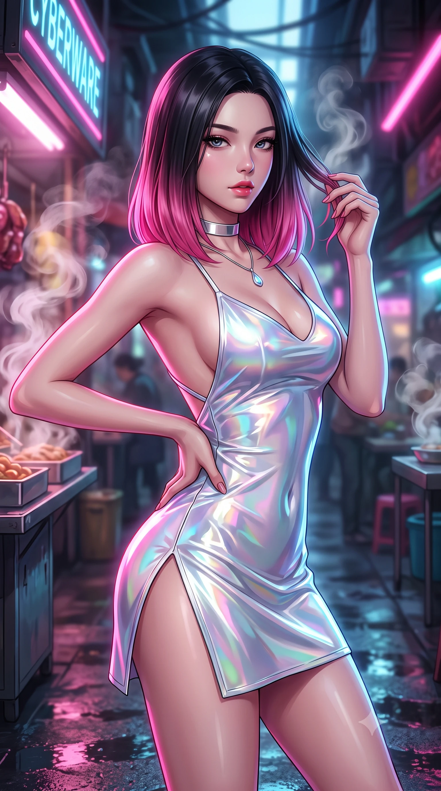 score_9, masterpiece, best quality, ultra-detailed, high-budget anime keyframe, semi-realistic 3D game render, editorial fashion photography, tasteful artistic composition, Korean woman. close-up cowboy shot from the waist and thighs up, the character dominates the composition, filling the frame with her large presence. twisting her slender torso in an alluring contrapposto stance, one hand resting on her sculpted hip while her fingers toy with her hair with effortless poise while leaning against the illuminated cyberware merchant stall with hips cocked back, looking through rising steam plumes with dangerous bedroom-eyes. The background shows a soft-focus swirling aromatic food steam softened in subterranean market alley shallow focus. She has an exceptionally elegant, slender, and willowy female figure with an ultra-slim waist, flat toned midriff, narrow ribcage, and sculpted feminine hips creating an alluring, slim hourglass silhouette without bulk. sharp v-shaped jawline, high-bridge nose, intricate jewel-like sparkling eyes with depth, thick eyelashes, glossy parted lips with a natural peach sheen, bright cheerful beaming smile with an enchanting and coquettish sensual glint, exuding both youthful cute charm and seductive allure, flawlessly proportioned anatomical accuracy, strict slender model proportions, natural body alignment, perfectly sculpted long slender limbs, ultra-slim waistline, clean dynamic posture without body distortion. wearing a backless liquid foil flight mini dress with criss-cross spinal straps and daring high side slit in iridescent mother-of-pearl and liquid molten silver, tailored from high-gloss patent leather with mirror-like specular highlights, finished with a minimalist chrome choker and a single teardrop diamond pendant, the bespoke structured tailoring following the natural line of her 8.5-heads silhouette with refined elegance. illuminated by puddle reflection bounce and sharp neon-pink rim lights sculpting her jawline, narrow waist, and curvy hips. highly saturated vibrant anime colors, detailed shading with soft gradients, rich glossy textures, high-contrast stereoscopic depth, volumetric dynamic lighting, master piece, 9:16 ratio