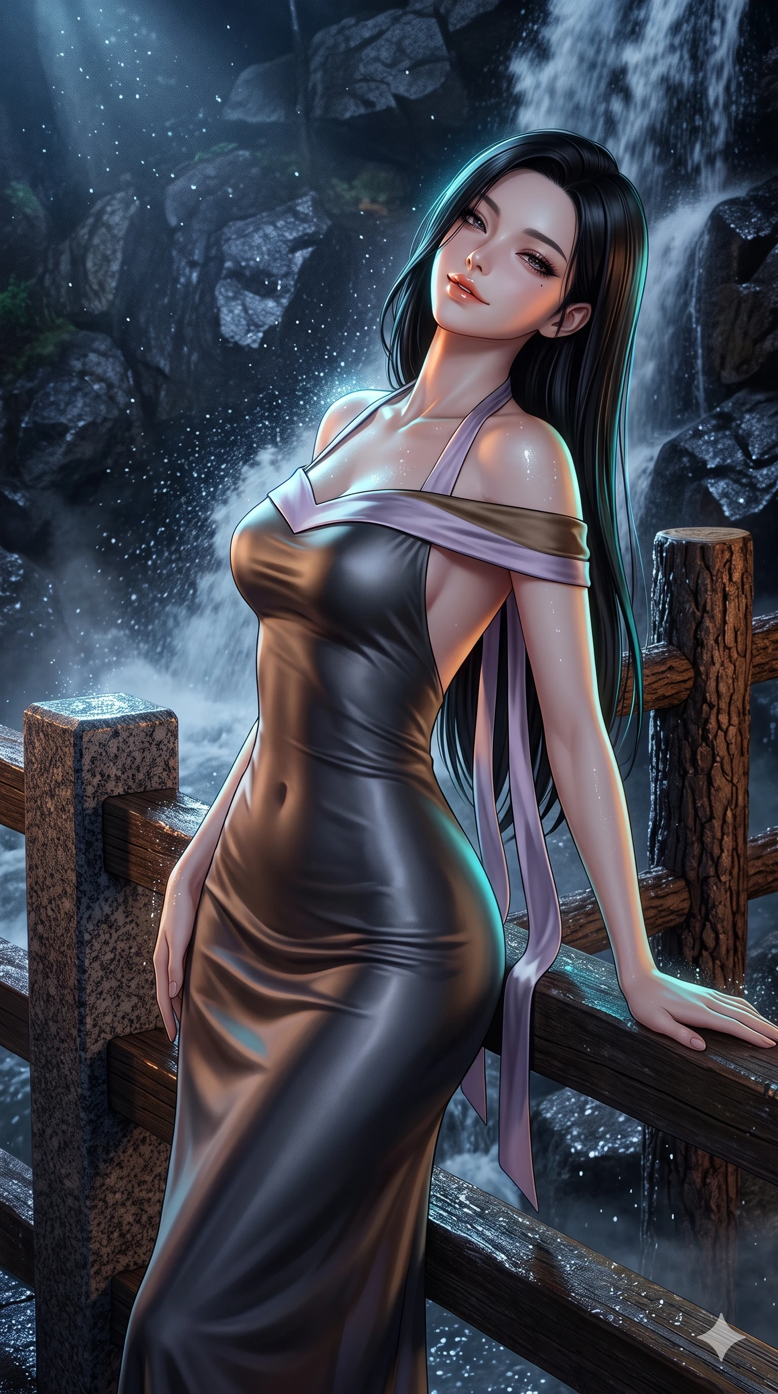 score_9, masterpiece, best quality, ultra-detailed, high-budget anime keyframe, semi-realistic 3D game render, editorial fashion photography, tasteful artistic composition, Korean woman. close-up cowboy shot from the waist and thighs up, the character dominates the composition, filling the frame with her large presence. leaning back against the balustrade with relaxed seductive grace, head tilted back slightly while casting a hypnotic, heavy-lidded gaze while twisting her slender torso in an alluring contrapposto stance, waterfall spray droplets and moonbeams glistening across her flat midriff. The surrounding environment is rendered in vivid detail and crisp panoramic clarity: sharp falling water spray droplets, wet granite rock texture, and rustic pine post bark in deep focus. She has an exceptionally elegant, slender, and willowy female figure with an ultra-slim waist, flat toned midriff, narrow ribcage, and sculpted feminine hips creating an alluring, slim hourglass silhouette without bulk. sharp v-shaped jawline, high-bridge nose, sparkling eyes with hypnotic seductive depth, thick curled eyelashes, glossy parted lips with a natural dewy peach sheen, alluring bedroom-eyes with an enchanting coquettish smile, exuding magnetic siren charisma and sophisticated glamour, flawlessly proportioned anatomical accuracy, strict slender model proportions, natural body alignment, perfectly sculpted long slender limbs, ultra-slim waistline, clean dynamic posture without body distortion. wearing a form-contouring off-shoulder modern hanbok midi dress with traditional curved neckline and low-back scoop in vintage bronze patina and pale wisteria lilac, made of liquid dark mercury jersey with seamless sculpting hold and fluid drape, finished with long silk ribbon ties fluttering down her bare spine from a backless halter, the impeccably tailored cut draping gracefully along her slender figure with aristocratic eastern poise. illuminated by waterfall foam bounce and sharp cyan-aquamarine rim lights sculpting her razor-sharp jawline, narrow waist, and curvy hips. highly saturated vibrant anime colors, detailed shading with soft gradients, rich glossy textures, high-contrast stereoscopic depth, volumetric dynamic lighting, master piece, 9:16 ratio