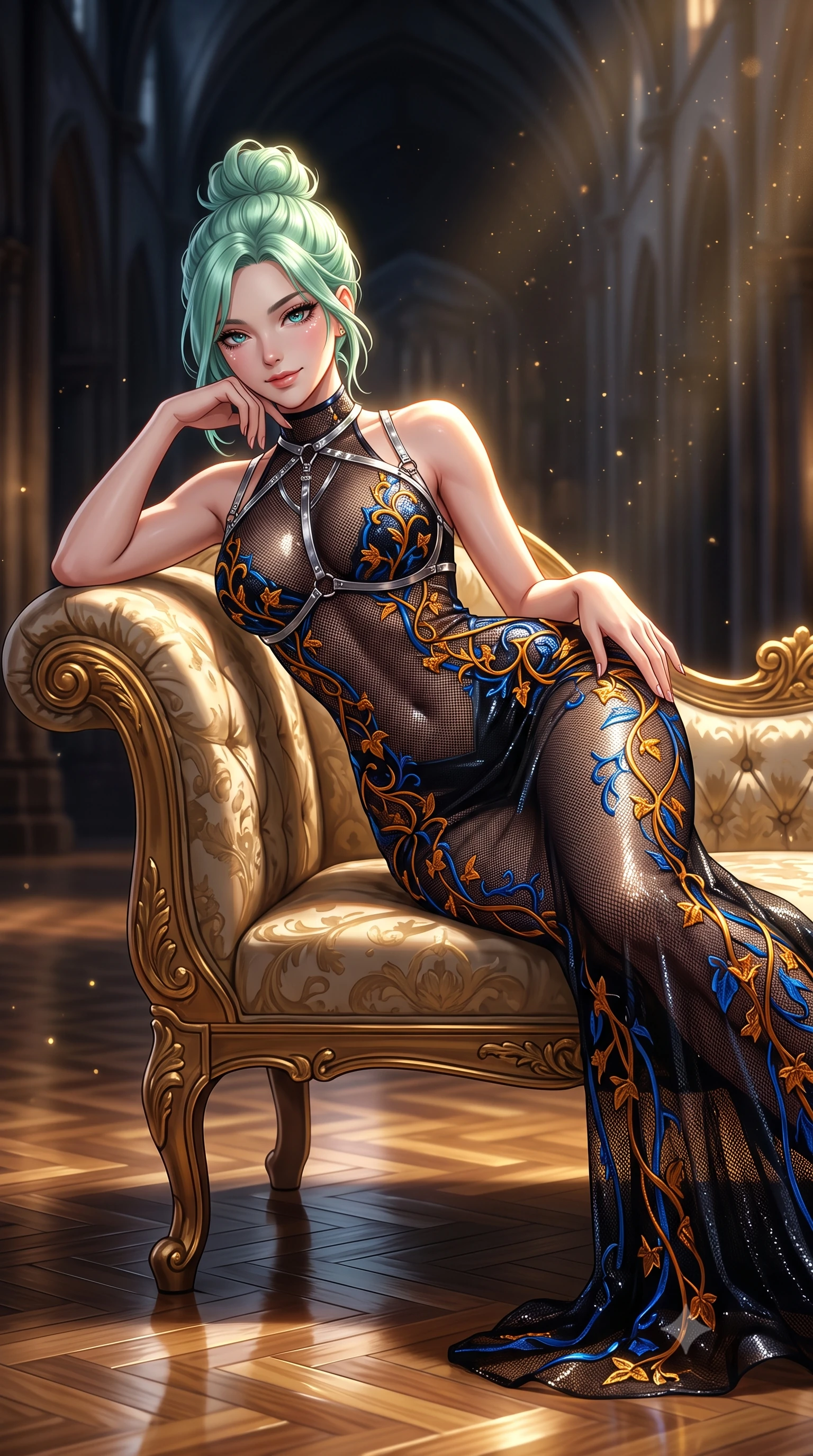score_9, masterpiece, best quality, ultra-detailed, high-budget anime keyframe, semi-realistic 3D game render, editorial fashion photography, tasteful artistic composition, Japanese woman. close-up cowboy shot from the waist and thighs up, the character dominates the composition, filling the frame with her large presence. tilting her head with a teasing half-smile, running one hand slowly down the side of her hip in a flirtatious S-curve as ambient light caresses her silhouette while lounging gracefully across the antique gilded chaise propped on one elbow with legs extended, displaying her long slender limbs and statuesque hourglass silhouette with regal anime flair. The background shows a soft-focus golden dust motes shimmering in spotlight beams softened in grand star-fortress cathedral shallow focus. She has an exceptionally elegant, slender, and willowy female figure with an ultra-slim waist, flat toned midriff, narrow ribcage, and sculpted feminine hips creating an alluring, slim hourglass silhouette without bulk. sharp v-shaped jawline, high-bridge nose, intricate jewel-like sparkling eyes with depth, thick eyelashes, glossy parted lips with a natural peach sheen, bright cheerful beaming smile with an enchanting and coquettish sensual glint, exuding both youthful cute charm and seductive allure, flawlessly proportioned anatomical accuracy, strict slender model proportions, natural body alignment, perfectly sculpted long slender limbs, ultra-slim waistline, clean dynamic posture without body distortion. wearing a provocative sheer noir illusion mesh combat dress with embroidered climbing metallic ivy ribbons contouring her curves in Jovian storm amber and electric cobalt, crafted from stretch micro-mesh with liquid foil coating that shimmers with every movement, accented with a chrome-drop body harness subtly framing her dewy collarbones and spine, the second-skin tailored fabric adhering flawlessly to her sculpted flat midriff and slender torso, emphasizing her long leg lines and perfectly proportioned willowy build. illuminated by polished parquet reflection bounce and sharp gold-plasma rim lights sculpting her jawline, narrow waist, and curvy hips. highly saturated vibrant anime colors, detailed shading with soft gradients, rich glossy textures, high-contrast stereoscopic depth, volumetric dynamic lighting, master piece, 9:16 ratio