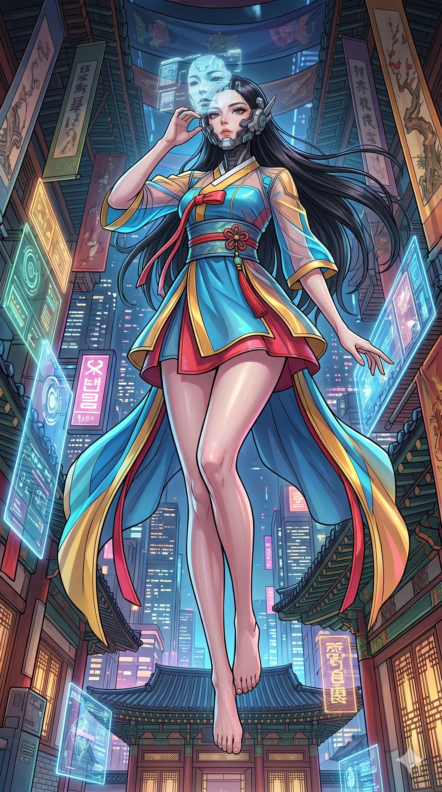 score_9, masterpiece, best quality, ultra-detailed, high-budget anime movie keyframe, cinematic anime lighting, intricate line art, Korean woman. Dynamic full-body shot stretching the vertical silhouette with extreme perspective. adjusting a mechanical mask that projects a different face. She has an absolutely perfect 8-heads proportion, an exceptionally tall and slender female figure with an ultra-slim waist and impossibly long slender legs. strictly human anatomy, two legs only, no extra limbs, clearly defined legs and arms, perfect anatomy, perfect hands and fingers. sharp v-shaped jawline, high-bridge nose, intricate jewel-like eyes, thick eyelashes, glossy lips. Wearing Modern Traditional: Shortened cyber-hanbok with fusion silk robes and transparent panels. The scene is illuminated by dramatic atmospheric lighting and vibrant color palettes. , 2k, ultra detail, master piece, 9:16 ratio