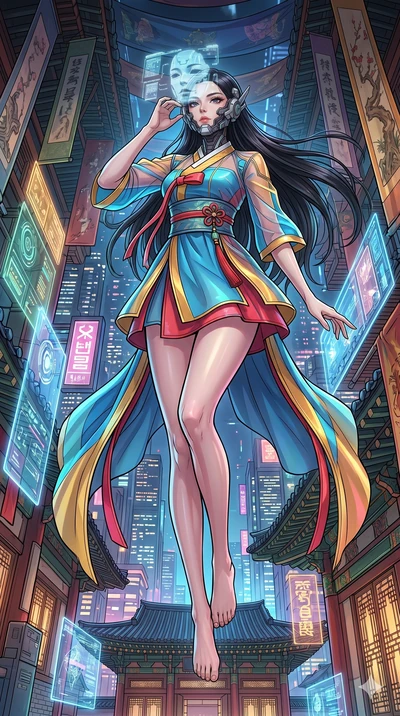 score_9, masterpiece, best quality, ultra-detailed, high-budget anime movie keyframe, cinematic anime lighting, intricate line art, Korean woman. Dynamic full-body shot stretching the vertical silhouette with extreme perspective. adjusting a mechanic