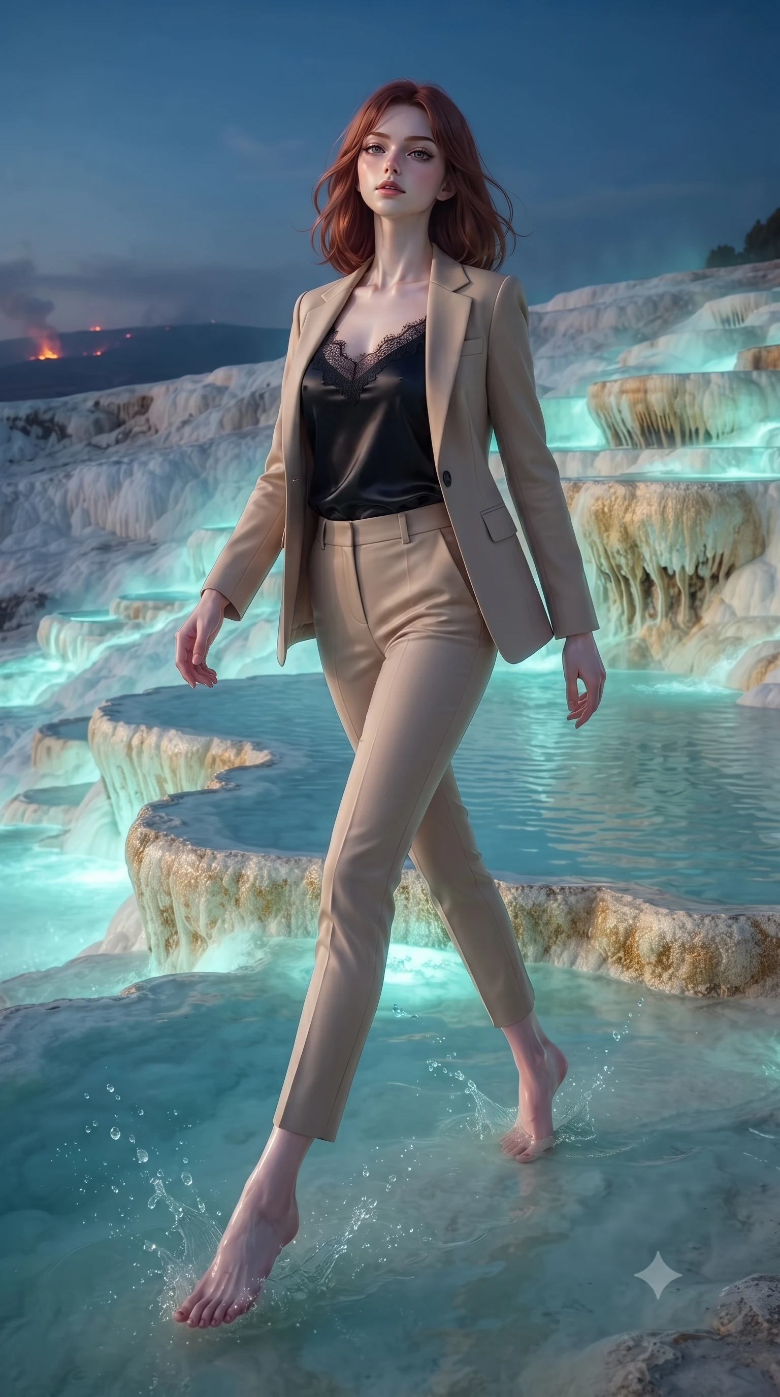 score_9, masterpiece, best quality, ultra-detailed, high-budget anime keyframe, editorial fashion photography, tasteful artistic composition, Caucasian woman, strictly human ears. low angle full-body shot from head to toe showing her feet, filling the entire 9:16 vertical frame with her statuesque presence, stretching her vertical silhouette. stepping elegantly through on terraced mineral hot springs cascading down an active volcano's slope with turquoise and milky blue water steaming in each pool travertine formations in white and gold and distant lava glow on the horizon. She has a statuesque 8.5-heads proportion, an exceptionally tall, slender and willowy model-like build with impossibly long legs and a highly sculpted ultra-slim waist. sharp v-shaped jawline, high-bridge nose, intricate jewel-like eyes with depth, thick eyelashes, glossy lips with a natural sheen. wearing a black fine lace-trimmed satin camisole layered under a structured beige blazer, paired with tailored pencil pants. soft aqua bioluminescent light making her skin luminously glow against darkness. 2k, ultra detail, master piece, 9:16 ratio