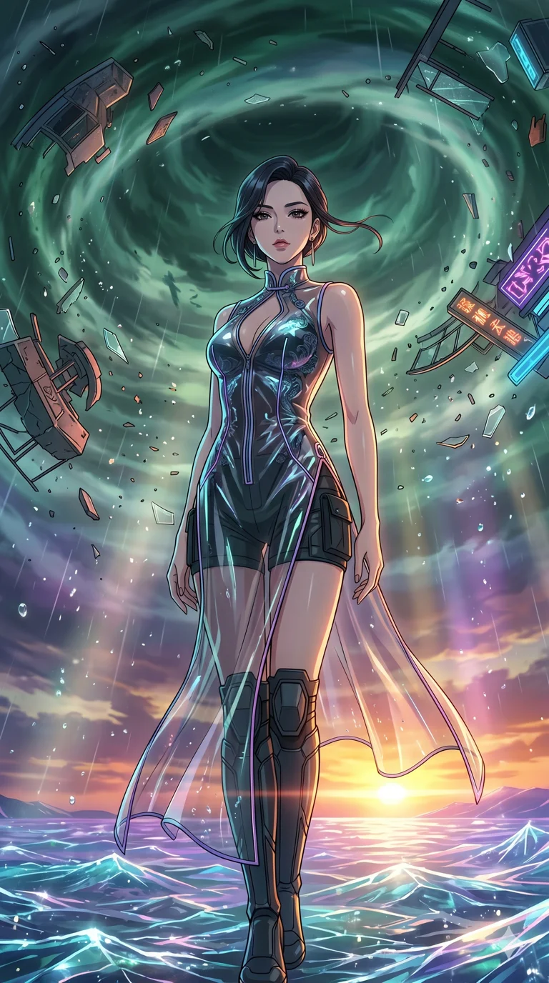 score_9, masterpiece, best quality, ultra-detailed, High-budget Anime Keyframe, vibrant colors, fluid line-art, expressive lighting, cinematic composition, Ufotable-style visual effects, top-tier animation quality, Korean woman with idol-like refined features. Dramatic low angle looking up at her majestic stature, dominating the vertical space of the composition. Standing in the eye of a terrifying hurricane with absolute calm, the debris of a destroyed city circling her in a violent vortex. She has an absolutely perfect 8-heads proportion, an exceptionally tall and slender female figure with impossibly long slender legs and an ultra-slim waist, her statuesque height and towering silhouette dominating the vertical 9:16 frame. Her face is a masterpiece featuring a sharp v-shaped jawline, high-bridge nose, intricate jewel-like eyes with depth, thick eyelashes, and glossy lips with a natural sheen. She is wearing a Cyberpunk neon-lit qipao with a dangerous high slit and intricate digital embroidery crafted from Transparent PVC with a high-gloss finish that reveals the intricate layers beneath, unzipped deeply to reveal a daring glimpse of her chest and a high-cut leg line. The scene is set in a vibrant sunset over a futuristic crystalline ocean with waves made of liquid light, illuminated by volumetric light beams cutting through a hazy atmosphere, creating a sense of depth. 2k, ultra detail, master piece, 9:16 ratio