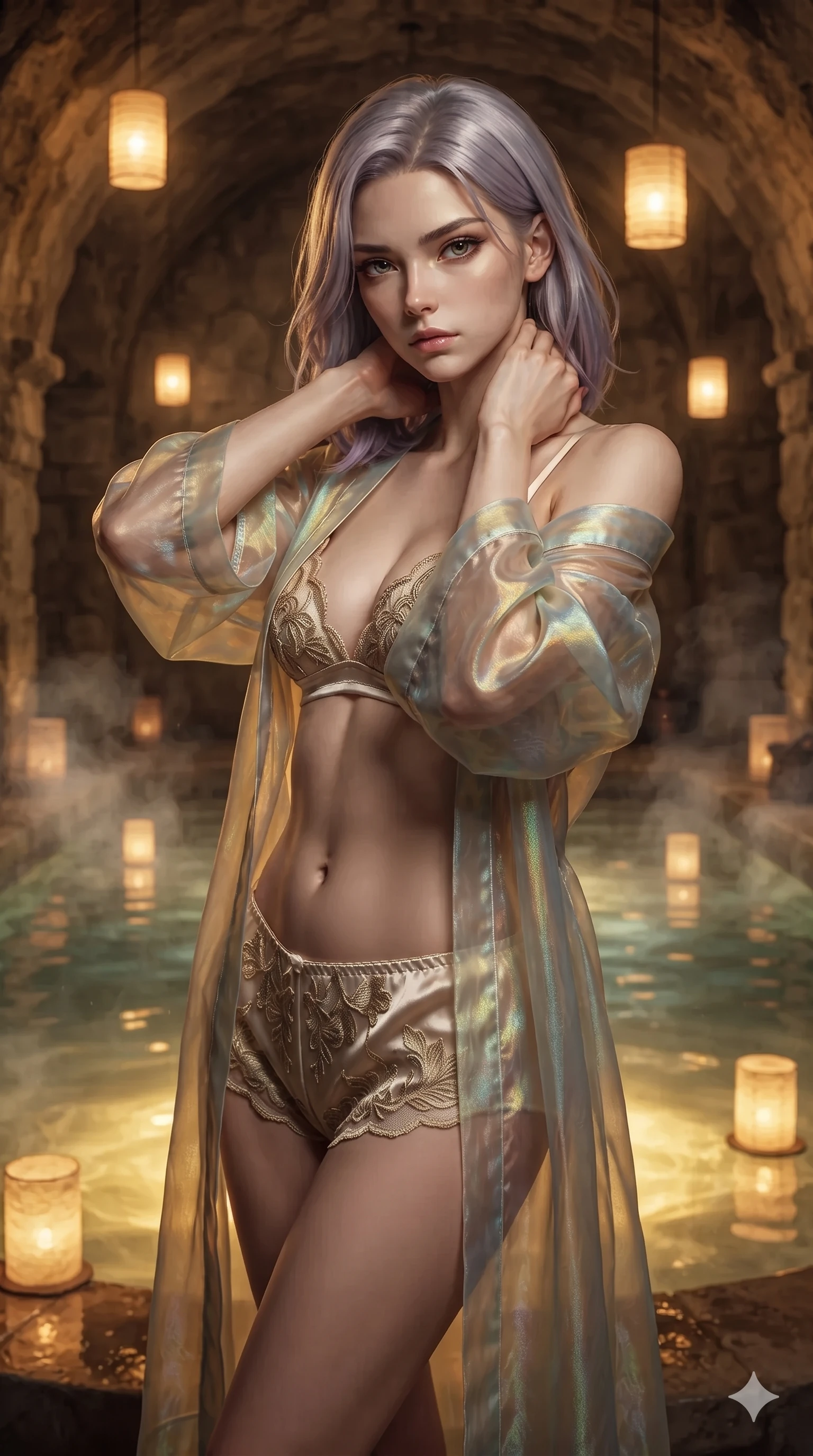 score_9, masterpiece, best quality, ultra-detailed, high-budget anime keyframe, editorial fashion photography, tasteful artistic composition, Caucasian woman. close-up cowboy shot from the waist and thighs up, the character dominates the composition, filling the frame with her large presence. resting both hands lightly behind her neck with elbows raised, arching her spine to highlight her narrow waist, flat midriff, and breathtaking collarbones while standing poised beside the steaming thermal plunge pool, arching her spine with ethereal siren poise as warm amber lantern light washes over her. The surrounding environment is rendered in vivid detail and crisp panoramic clarity: detailed second-skin maxi dress tailoring, sheer power-mesh side panels, and luxury cavern spa architecture in razor-sharp precision. She has an exceptionally elegant, slender, and willowy female figure with an ultra-slim waist, flat toned midriff, narrow ribcage, and sculpted feminine hips creating an alluring, slim hourglass silhouette without bulk. sharp v-shaped jawline, high-bridge nose, intricate jewel-like sparkling eyes with depth, thick eyelashes, glossy parted lips with a natural sheen, intensely captivating and seductive bedroom-eyes expression, exuding both youthful cute charm and sovereign luxury allure, flawlessly proportioned anatomical accuracy, strict slender model proportions, natural body alignment, perfectly sculpted long slender limbs, ultra-slim waistline, clean dynamic posture without body distortion. wearing a translucent iridescent organza kimono robe slipping off bare shoulders over a matching satin micro-bralette and micro-shorts in Istrian stone cream and antique gold-leaf, tailored from high-gloss patent leather with mirror-like specular highlights, finished with sleek jade frog closures glinting along her high collar, the precision-cut side openings and low-back scoop framing her graceful spine and the sensual sweep of her slim, toned hips. bathed in the rich, intimate 2400K golden radiance of floating washi paper lanterns and underwater pool glow. ultra-reflective glossy finish, specular highlights, rich textural contrasts, high-contrast stereoscopic depth, volumetric dynamic lighting, 2k, ultra detail, master piece, 9:16 ratio