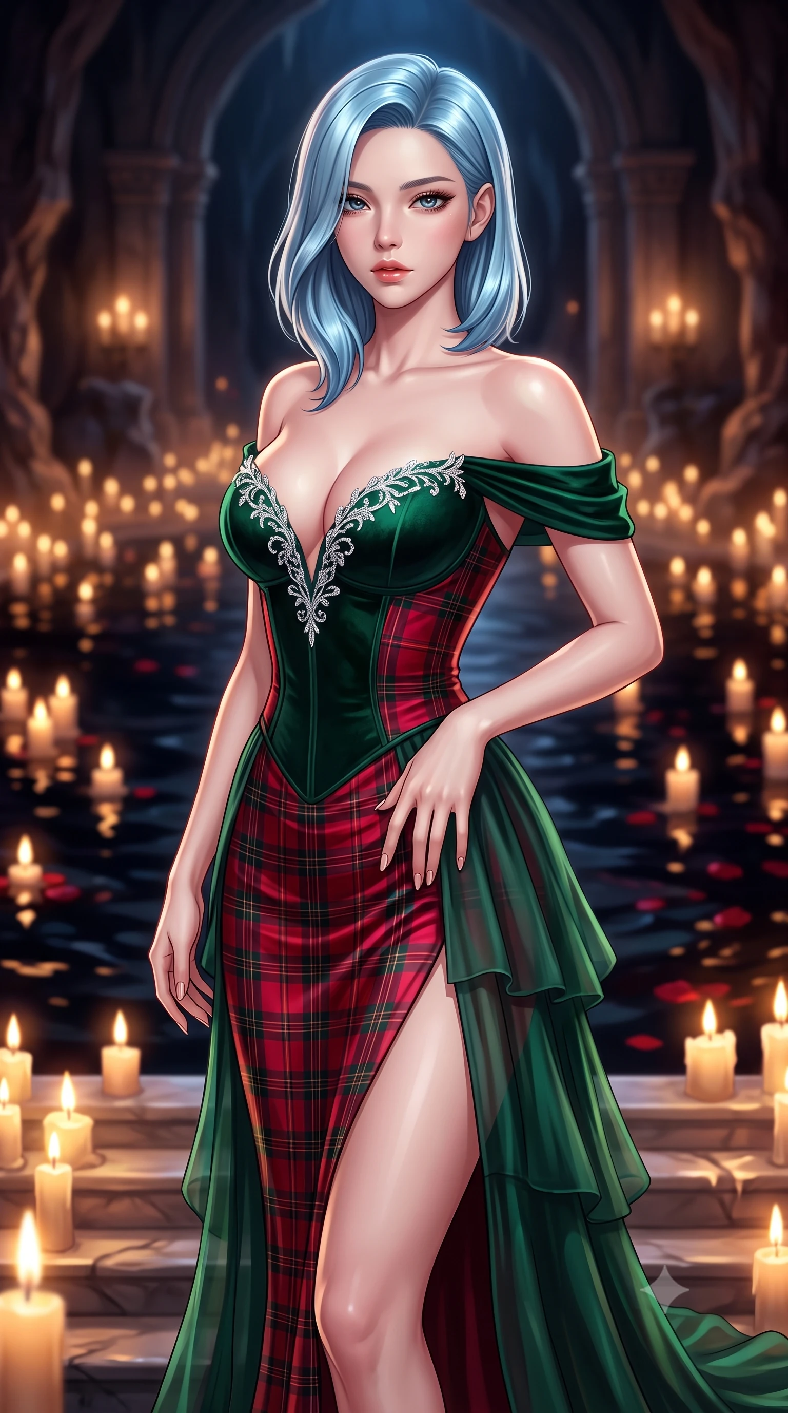 score_9, masterpiece, best quality, ultra-detailed, high-budget anime keyframe, semi-realistic 3D game render, editorial fashion photography, tasteful artistic composition, Korean woman. close-up cowboy shot from the waist and thighs up, the character dominates the composition, filling the frame with her large presence. resting one manicured hand delicately on her hip bone, her upper body turning in a fluid, seductive S-curve while parted lips glisten in the light while gliding down the candlelit marble cavern steps with sovereign grace, her liquid dark drapery clinging seamlessly to her slender model waist. The composition keeps background elements in soft focus with creamy bokeh. thousands of flickering floating candles and dark cavern lake ripples blurred into deep obsidian, molten gold, and blood-ruby bokeh. She has an exceptionally elegant, slender, and willowy female figure with an ultra-slim waist, flat toned midriff, narrow ribcage, and sculpted feminine hips creating an alluring, slim hourglass silhouette without bulk. sharp v-shaped jawline, high-bridge nose, intricate jewel-like eyes with depth, thick eyelashes, glossy parted lips with a natural sheen, intensely captivating and seductive bedroom-eyes expression, flawlessly proportioned anatomical accuracy, strict slender model proportions, natural body alignment, perfectly sculpted long slender limbs, ultra-slim waistline, clean dynamic posture without body distortion. wearing an off-shoulder French court corset bodice dress paired with a tiered translucent chiffon slit skirt in deep emerald green velvet and royal tartan crimson, tailored from liquid silk jersey adhering flawlessly to her slender build, finished with delicate crystal frost embroidery tracing the plunging neckline, the liquid-tight tailored fabric clinging flawlessly to her narrow waist and rounded feminine hips, emphasizing every millimeter of her sculpted slim hourglass curves without any bulky heaviness. surrounded by an immortal, seductive, and dangerously mesmerizing underground opera queen aura. highly saturated vibrant anime colors, detailed shading with soft gradients, rich glossy textures, high-contrast stereoscopic depth, volumetric dynamic lighting, master piece, 9:16 ratio
