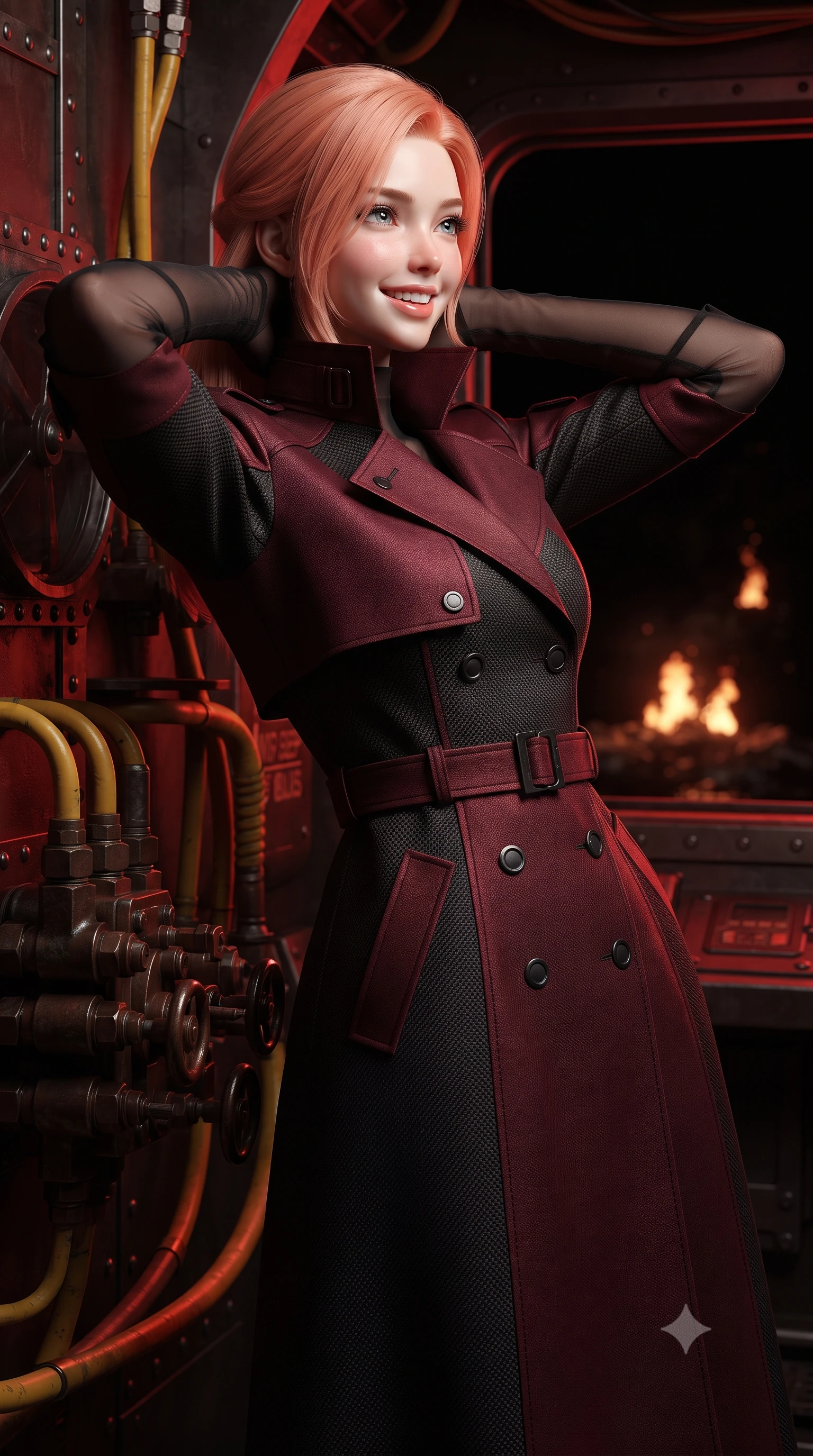 score_9, masterpiece, best quality, ultra-detailed, high-budget anime keyframe, editorial fashion photography, tasteful artistic composition, Japanese woman. close-up cowboy shot from the waist and thighs up, the character dominates the composition, filling the frame with her large presence. resting both hands lightly behind her neck with elbows raised, arching her spine to highlight her narrow waist, flat midriff, and breathtaking collarbones while leaning against the hydraulic valve cluster with hips cocked back, looking into the pitch-black abyss illuminated by hydrothermal vent fires with smoldering bedroom-eyes. The surrounding environment is rendered in vivid detail and crisp panoramic clarity: sharp riveted titanium hull bulkheads, yellow hydraulic hose lines, and thick acrylic viewport bevels in deep focus. She has an exceptionally elegant, slender, and willowy female figure with an ultra-slim waist, flat toned midriff, narrow ribcage, and sculpted feminine hips creating an alluring, slim hourglass silhouette without bulk. sharp v-shaped jawline, high-bridge nose, intricate jewel-like sparkling eyes with depth, thick eyelashes, glossy parted lips with a natural peach sheen, bright cheerful beaming smile with an enchanting and coquettish sensual glint, exuding both youthful cute charm and seductive allure, flawlessly proportioned anatomical accuracy, strict slender model proportions, natural body alignment, perfectly sculpted long slender limbs, ultra-slim waistline, clean dynamic posture without body distortion. wearing a bespoke tactical commander trench coat in matte carbon-weave with magnetic utility buckles, storm flaps, and high standing collar in deep crimson hazard red and matte dark titanium, woven from structured carbon-fiber jacquard with rich textural depth, complemented by sheer opera-length evening gloves tracing her slender arms, the bespoke structured tailoring following the natural line of her 8.5-heads silhouette with refined elegance. bathed in moody 660nm deep red tactical battle stations lighting mixed with golden geothermal exterior fires. ultra-reflective glossy finish, specular highlights, rich textural contrasts, high-contrast stereoscopic depth, volumetric dynamic lighting, 2k, ultra detail, master piece, 9:16 ratio