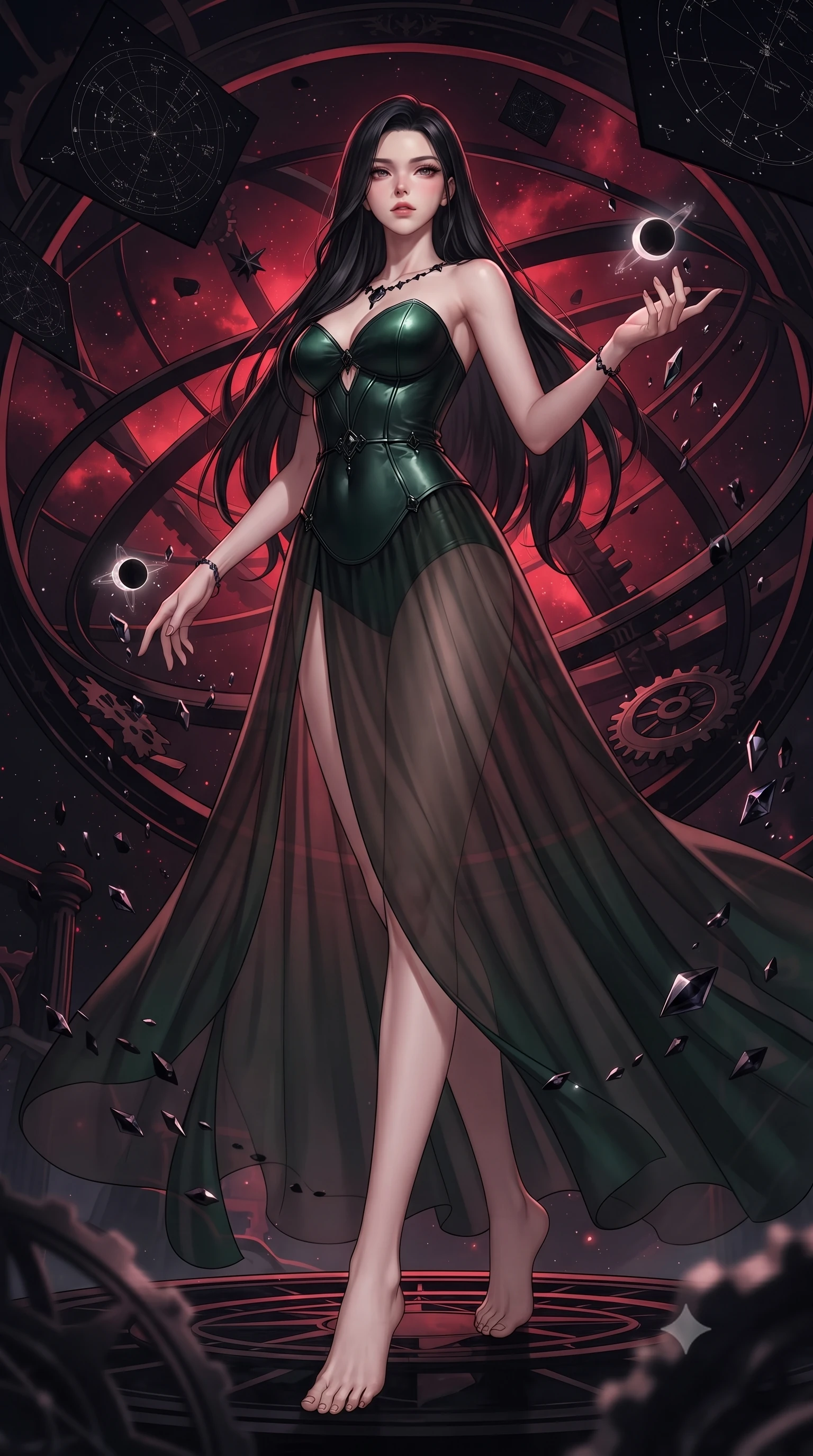 score_9, masterpiece, best quality, ultra-detailed, high-budget anime keyframe, editorial fashion photography, tasteful artistic composition, Korean woman. low angle full-body shot from head to toe showing her feet, filling the entire 9:16 vertical frame with her statuesque presence, stretching her vertical silhouette. interacting with floating dark crystal particles, her long slender legs poised in motion, navigating a dark armillary sphere hall with floating black star charts, translucent eclipse glyphs floating gracefully around her fingertips. She has an absolutely perfect, statuesque 8.5-heads proportion, an exceptionally tall and slender model-like female figure with impossibly long slender legs and an ultra-slim waist. sharp v-shaped jawline, high-bridge nose, intricate jewel-like eyes with depth, thick eyelashes, glossy lips with a natural sheen. wearing semi-opaque sheer dark chiffon gown revealing structured bodice silhouette in deep emerald green, made of polished black leather, adorned with minimalist black onyx hardware framing the silhouette, contouring every curve with an exceptionally elegant silhouette. bathed in deep crimson cosmic glow and high-contrast pitch-black shadows. highly saturated vibrant anime colors, detailed shading with soft gradients, rich glossy textures, high-contrast stereoscopic depth, volumetric dynamic lighting, master piece, 9:16 ratio
