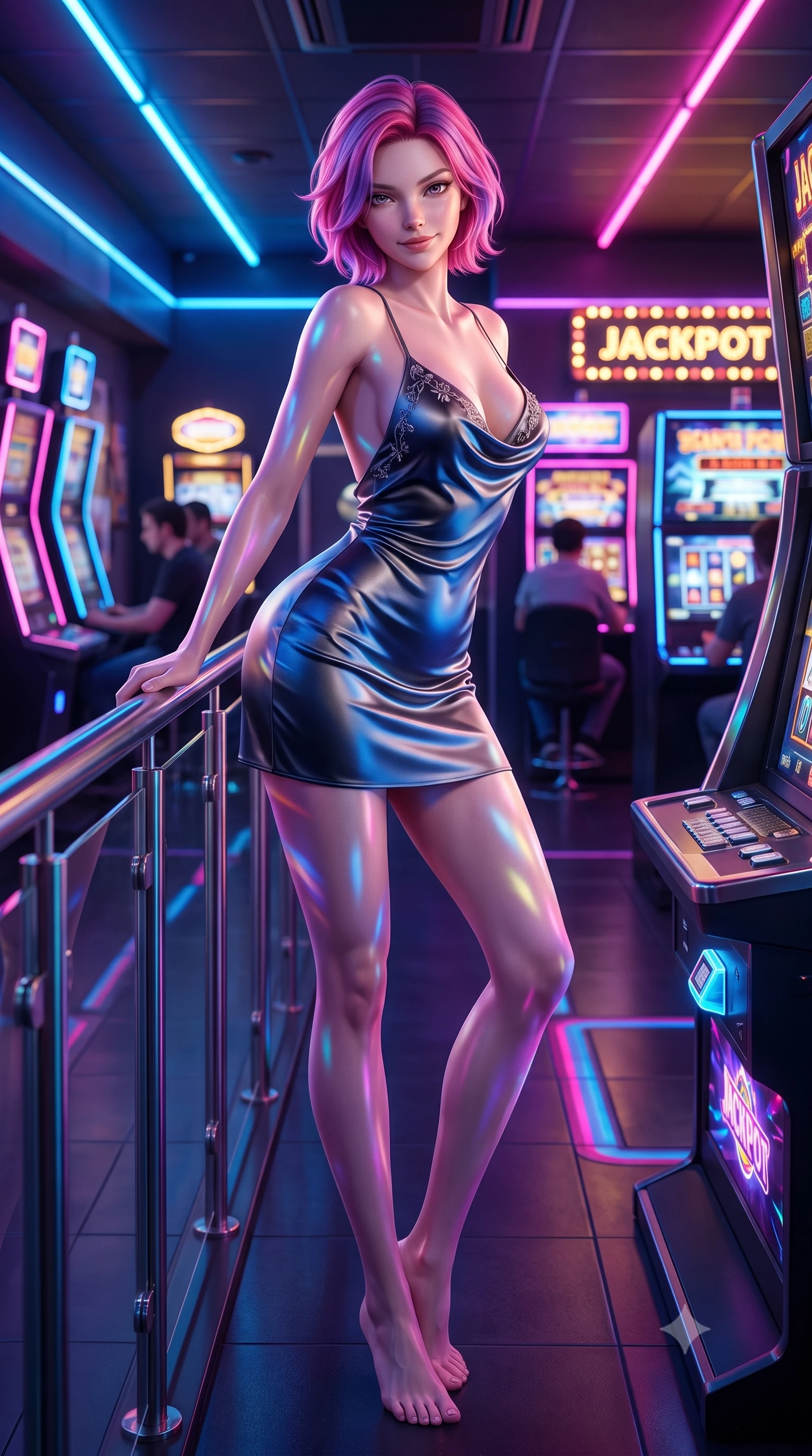score_9, masterpiece, best quality, ultra-detailed, high-budget anime keyframe, semi-realistic 3D game render, editorial fashion photography, tasteful artistic composition, Caucasian woman. low angle full-body shot from head to toe showing her feet, filling the entire 9:16 vertical frame with her statuesque presence, stretching her vertical silhouette. leaning deep against the balcony balustrade with hips cocked back in an unapologetically alluring high-fashion stance, casting an intoxicating glance while standing poised in the narrow neon gaming corridor, arching her spine as jackpot strobe lights flash across her curves. The background shows a soft-focus coin tray glows softened in dynamic arcade shallow focus. She has an absolutely perfect, statuesque 8.5-heads proportion, an exceptionally tall and slender model-like female figure with impossibly long slender legs, an ultra-slim waist, a flat toned midriff, narrow delicate ribcage, and beautifully sculpted feminine hips creating a graceful, slim hourglass silhouette without any bulky heaviness. sharp v-shaped jawline, high-bridge nose, sparkling eyes with hypnotic seductive depth, thick curled eyelashes, glossy parted lips with a natural dewy peach sheen, alluring bedroom-eyes with an enchanting coquettish smile, exuding magnetic siren charisma and sophisticated glamour, flawlessly proportioned anatomical accuracy, strict slender model proportions, natural body alignment, perfectly sculpted long slender limbs, ultra-slim waistline, clean dynamic posture without body distortion. wearing a low-cut draped cowl-back satin slip mini dress with dainty pearl spaghetti straps and hip-hugging cut in molten liquid platinum and midnight charcoal with sapphire reflections, crafted from fluid liquid silk satin that clings smoothly to every curve with a dewy sheen, finished with delicate floral vine embroidery tracing along her sweetheart neckline with intimate elegance, the form-contouring silhouette accentuating her sculpted flat midriff, narrow delicate ribcage, and gracefully curvy hips with intoxicating allure. bathed in rapid rhythmic multi-color neon pulses spilling from dozens of gaming machines. highly saturated vibrant anime colors, detailed shading with soft gradients, rich glossy textures, high-contrast stereoscopic depth, volumetric dynamic lighting, master piece, 9:16 ratio