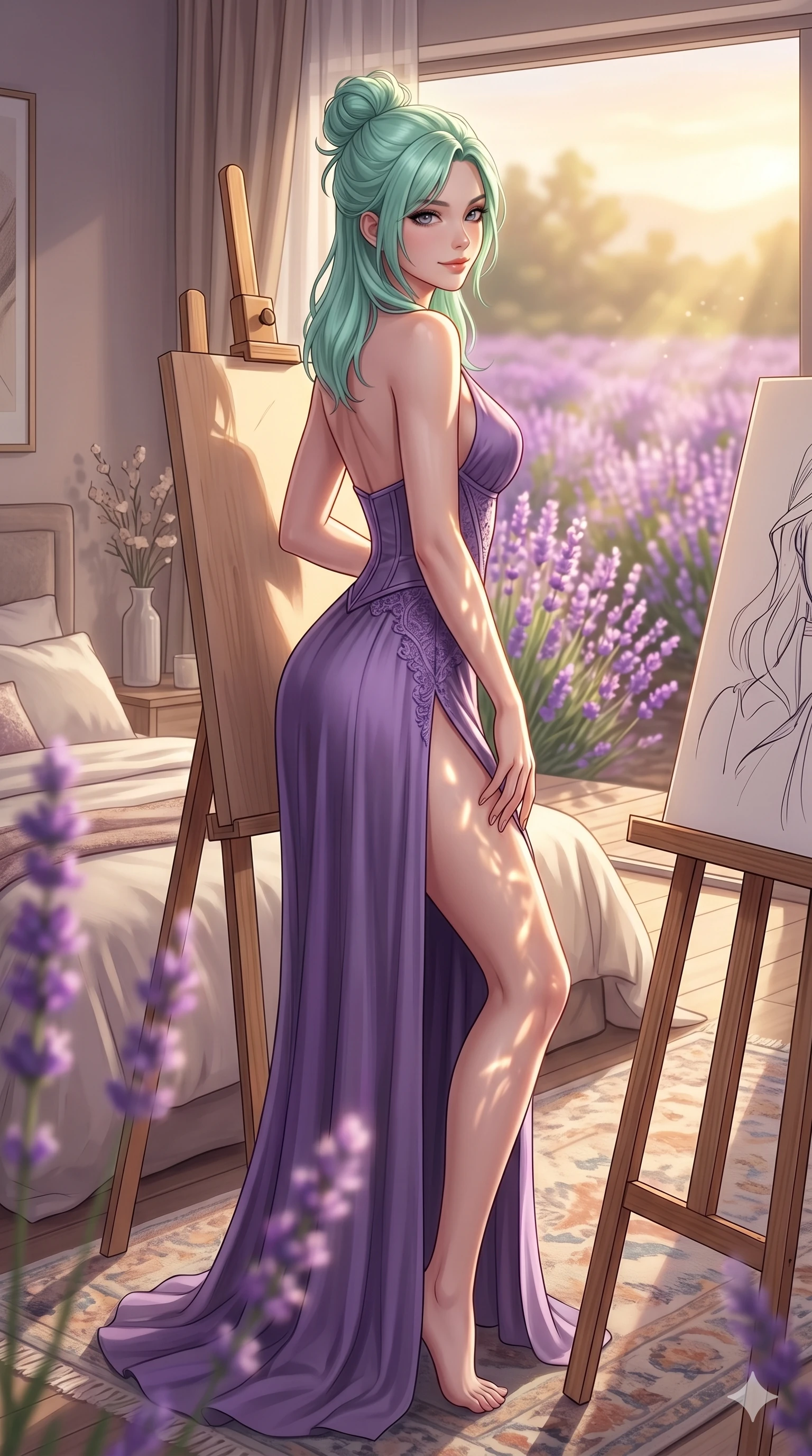 score_9, masterpiece, best quality, ultra-detailed, high-budget anime keyframe, editorial fashion photography, tasteful artistic composition, Japanese woman. cowboy shot from the thighs up, character and outfit filling the frame for maximum editorial presence. leaning against an easel, looking over her shoulder with a magnetic, elegant half-smile inside a sunlit private bedroom overlooking lavender (Code-P17-117). She has an absolutely perfect 8-heads proportion, an exceptionally tall and slender female figure with impossibly long slender legs and an ultra-slim waist. V-shaped jawline, high-bridge nose, intricate jewel-like eyes with depth, thick eyelashes, glossy lips with a natural sheen. wearing a elegant slit gown with sculpted midriff and tasteful chest slit. warm afternoon sunbeams reflecting off the water ripples, tracing her athletic build. 2k, ultra detail, master piece, 9:16 ratio