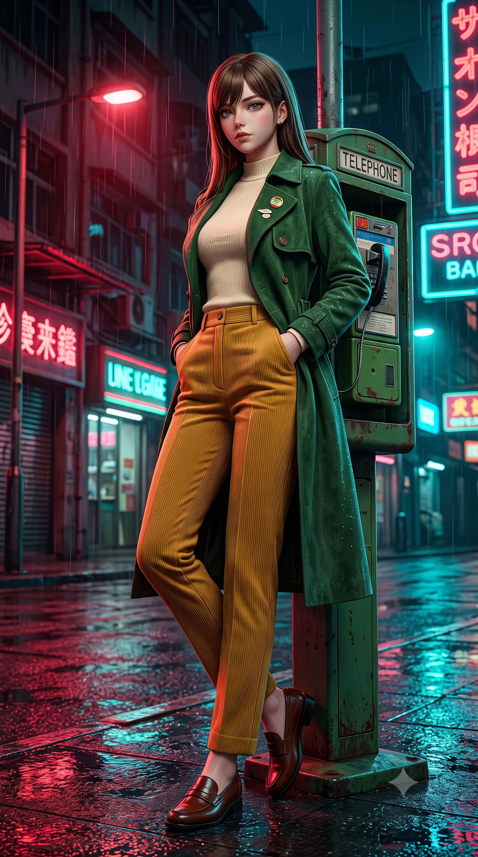 score_9, masterpiece, best quality, ultra-detailed, high-budget anime keyframe, semi-realistic 3D game render, editorial fashion photography, tasteful artistic composition, Korean woman. low angle full-body shot from head to toe showing her feet, filling the entire 9:16 vertical frame with her statuesque presence, stretching her vertical silhouette. landing lightly on the balls of her feet in a balanced kinetic stance, eyes locked onto the camera with fearless allure while leaning against a vintage green telephone booth with hands in her jacket pockets, looking back over her shoulder. The surrounding environment is rendered in vivid detail and crisp panoramic clarity. crisp neon tube lettering, distinct raindrop beads on leather jacket, and wet asphalt textures in deep focus. She has an absolutely perfect, statuesque 8.5-heads proportion, an exceptionally tall and slender model-like female figure with impossibly long slender legs, a toned flat midriff, and an ultra-slim waist. sharp v-shaped jawline, high-bridge nose, intricate jewel-like eyes with depth, thick eyelashes, glossy lips with a natural sheen, captivating and magnetic expression, flawlessly proportioned anatomical accuracy, strict slender model proportions, natural body alignment, perfectly sculpted long slender limbs, ultra-slim waistline, clean dynamic posture without body distortion. wearing a stylish retro suede trench coat over a fitted mock-neck knit top and high-waist tailored slacks in forest green, cream, and mustard yellow, tailored from soft fine-wale corduroy with rich velvety texture, finished with retro enamel varsity pins and classic leather loafers, the sleek tailored cut tightly hugging her graceful clavicle, narrow waist, and feminine curves with statuesque precision. bathed in rich neon red and cyan streetlamp glow bouncing off wet asphalt surfaces. highly saturated vibrant anime colors, detailed shading with soft gradients, rich glossy textures, high-contrast stereoscopic depth, volumetric dynamic lighting, master piece, 9:16 ratio