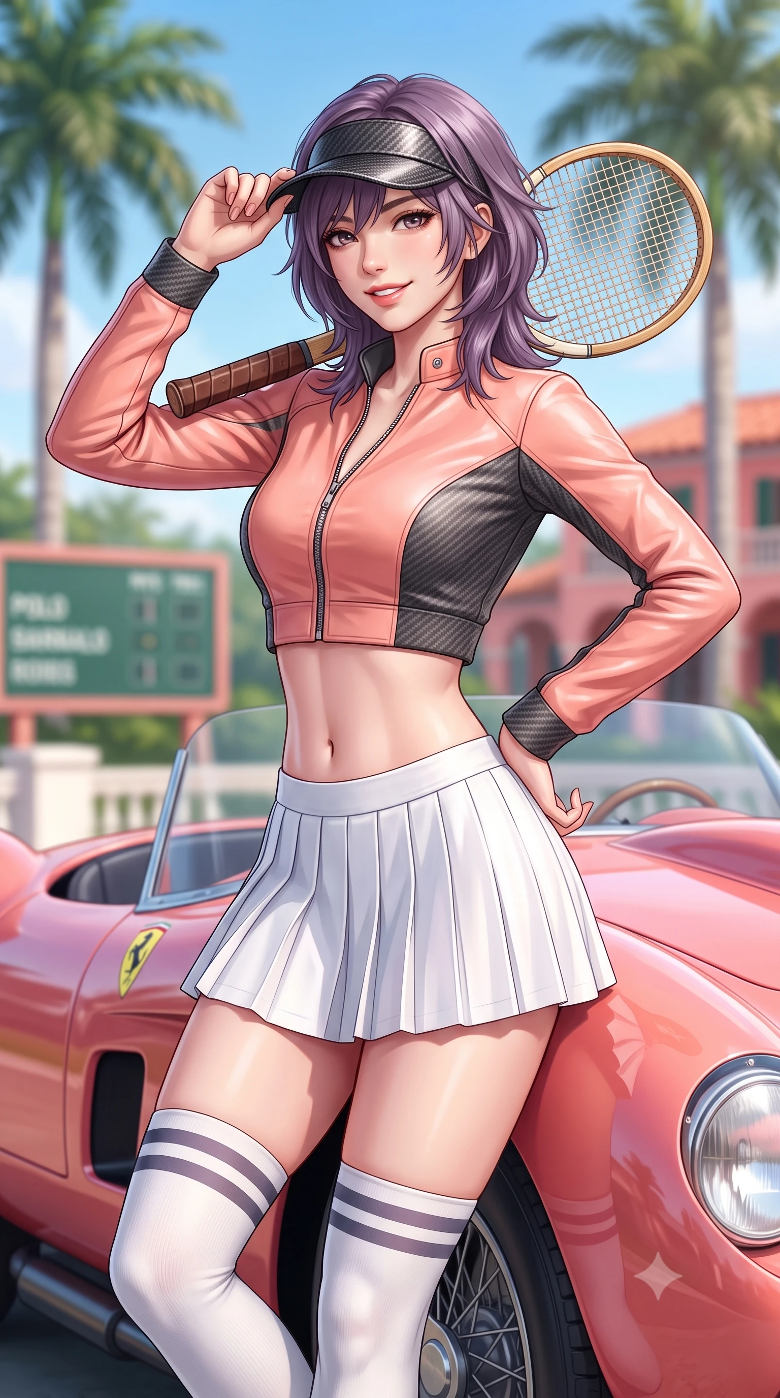 score_9, masterpiece, best quality, ultra-detailed, high-budget anime keyframe, semi-realistic 3D game render, editorial fashion photography, tasteful artistic composition, Japanese woman. close-up cowboy shot from the waist and thighs up, the character dominates the composition, filling the frame with her large presence. tilting her head with a cute beaming smile while arching her spine with athletic poise, one hand adjusting her racing visor in a flirtatious S-curve while leaning against the sculpted front fender of a vintage Ferrari 250 Testa Rossa with hips cocked back, casting an intoxicating bedroom-gaze. The background shows a soft-focus soaring Royal Palms, polo field scoreboards, and Mediterranean revival terracotta clubhouses blurred into coral pink, emerald, and sky-blue bokeh. She has an exceptionally elegant, slender, and willowy female figure with an ultra-slim waist, flat toned midriff, narrow ribcage, and sculpted feminine hips creating an alluring, slim hourglass silhouette without bulk. sharp v-shaped jawline, high-bridge nose, sparkling eyes with athletic focus and depth, thick curled eyelashes, glossy parted lips with a natural coral-peach sheen, bright confident and coquettish smile with alluring bedroom-eyes, exuding both youthful sporty vigor and sovereign high-society glamour, flawlessly proportioned anatomical accuracy, strict slender model proportions, natural body alignment, perfectly sculpted long slender limbs, ultra-slim waistline, clean dynamic posture without body distortion. wearing a cropped zip-front racing leather bolero jacket paired with a micro-pleated white tennis mini-skirt and thigh-high sports socks in pastel peach blossom and matte carbon grey, tailored from lightweight aerodynamic carbon-fiber composite with structured weave, featuring a vintage wooden tennis racket held casually over one shoulder, the glove-like aerodynamic silhouette tightly following the natural contour of her hips and long slender legs with youthful 8.5-heads elegance. bathed in luminous Florida sunshine reflecting off white coral stone terraces. highly saturated vibrant anime colors, detailed shading with soft gradients, rich glossy textures, high-contrast stereoscopic depth, volumetric dynamic lighting, master piece, 9:16 ratio