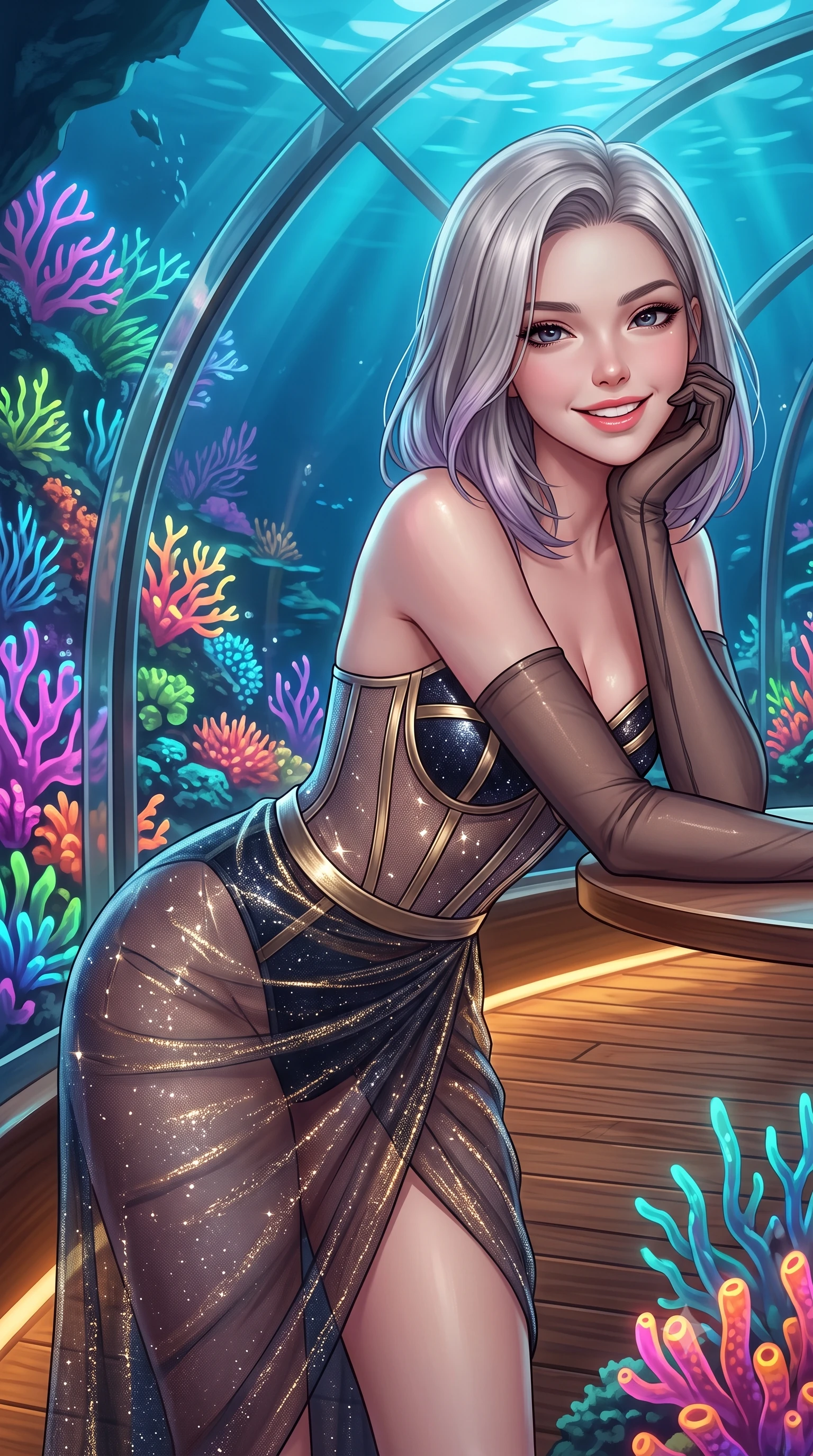 score_9, masterpiece, best quality, ultra-detailed, high-budget anime keyframe, editorial fashion photography, tasteful artistic composition, Caucasian woman. close-up cowboy shot from the waist and thighs up, the character dominates the composition, filling the frame with her large presence. resting one elbow on the table and supporting her chin, leaning close to the camera with heavy-lidded sparkling eyes and parted lips while standing poised on the teak and glass observatory floor surrounded by living fluorescent neon corals, arching her lower back with magnetic siren charisma. The surrounding environment is rendered in vivid detail and crisp panoramic clarity: sharp coral polyps, polished teak deck planking, and crystal-clear dome acrylic bevels in deep focus. She has an exceptionally elegant, slender, and willowy female figure with an ultra-slim waist, flat toned midriff, narrow ribcage, and sculpted feminine hips creating an alluring, slim hourglass silhouette without bulk. sharp v-shaped jawline, high-bridge nose, intricate jewel-like sparkling eyes with depth, thick eyelashes, glossy parted lips with a natural peach sheen, bright cheerful beaming smile with an enchanting and coquettish sensual glint, exuding both youthful cute charm and seductive allure, flawlessly proportioned anatomical accuracy, strict slender model proportions, natural body alignment, perfectly sculpted long slender limbs, ultra-slim waistline, clean dynamic posture without body distortion. wearing a provocative translucent mesh corset bodice with boned satin channels paired with a sheer chiffon wrap skirt in singularity accretion gold and deep space void black, woven from stretch metallic lurex jersey casting radiant starlight glints across her curves, complemented by sheer opera-length evening gloves tracing her slender arms, the second-skin tailored fabric adhering flawlessly to her sculpted flat midriff and slender torso, emphasizing her long leg lines and perfectly proportioned willowy build. bathed in the glowing natural fluorescence of deep corals combined with warm 2500K interior recessed cove lighting. ultra-reflective glossy finish, specular highlights, rich textural contrasts, high-contrast stereoscopic depth, volumetric dynamic lighting, 2k, ultra detail, master piece, 9:16 ratio