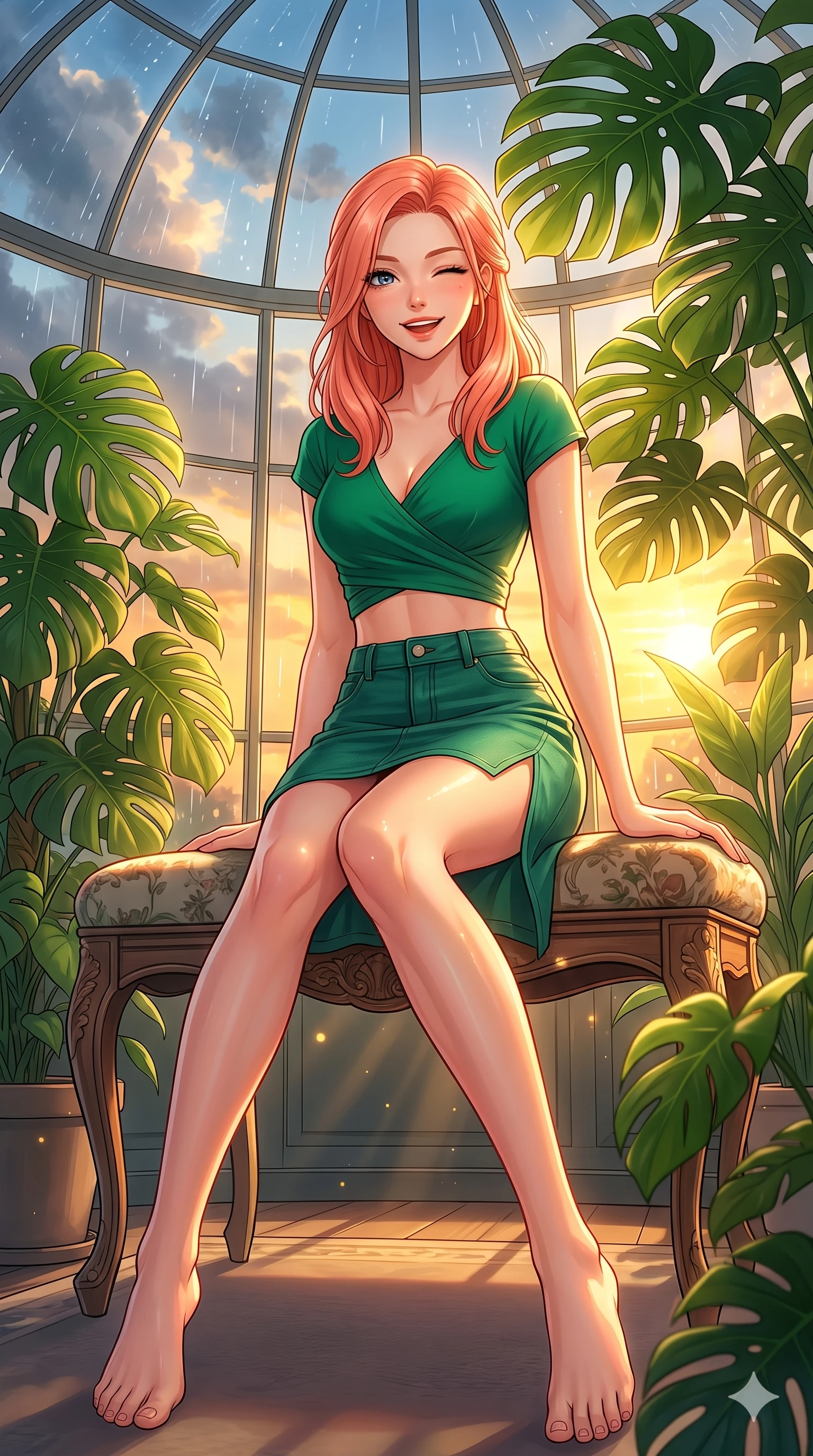score_9, masterpiece, best quality, ultra-detailed, high-budget anime keyframe, vibrant anime aesthetic, Japanese woman. low angle full-body shot from head to toe showing her feet, filling the entire 9:16 vertical frame with her statuesque presence, stretching her vertical silhouette. She is sitting on a vintage bench, winking with a playful and bright expression, her eyes shining with genuine joy under the glass conservatory dome. inside a luxury penthouse conservatory with a panoramic glass wall showing rain clouds parting for a golden sunset (Code-P22-060). She has an absolutely perfect 8-heads proportion, an exceptionally tall and slender female figure with impossibly long slender legs and an ultra-slim waist. V-shaped jawline, high-bridge nose, intricate jewel-like eyes with depth, thick eyelashes, glossy lips with a natural sheen. wearing a cropped wrap top and a matching denim skirt with a refined side vent in emerald green. She is drenched in warm, golden afternoon sunbeams filtering through dense green monstera leaves, creating a cinematic, high-budget anime lighting effect in the cozy indoor garden. 2k, ultra detail, master piece, 9:16 ratio