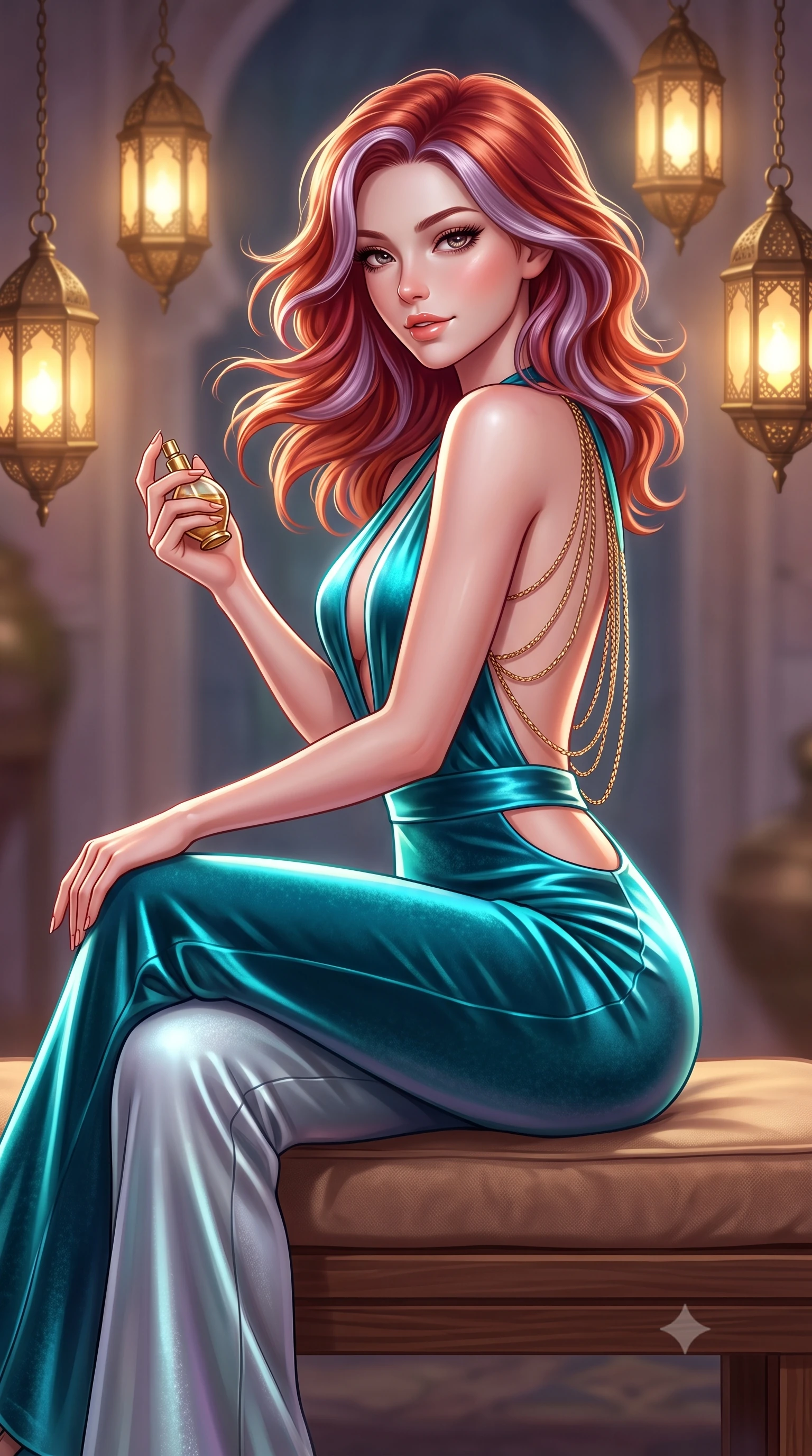 score_9, masterpiece, best quality, ultra-detailed, high-budget anime keyframe, semi-realistic 3D game render, editorial fashion photography, tasteful artistic composition, Caucasian woman. close-up cowboy shot from the waist and thighs up, the character dominates the composition, filling the frame with her large presence. turning slowly with an enchanting smoldering smile, her glossy hair tossing in the breeze as her hips angle gracefully in a captivating contrapposto while sitting poised on the low cushioned cedar bench with legs crossed, holding a brass perfume vial with dangerous coquettish allure. The background shows a soft-focus hanging pierced brass lanterns softened in sensual palace sanctuary shallow focus. She has an exceptionally elegant, slender, and willowy female figure with an ultra-slim waist, flat toned midriff, narrow ribcage, and sculpted feminine hips creating an alluring, slim hourglass silhouette without bulk. sharp v-shaped jawline, high-bridge nose, sparkling eyes with hypnotic seductive depth, thick curled eyelashes, glossy parted lips with a natural dewy peach sheen, alluring bedroom-eyes with an enchanting coquettish smile, exuding magnetic siren charisma and sophisticated glamour, flawlessly proportioned anatomical accuracy, strict slender model proportions, natural body alignment, perfectly sculpted long slender limbs, ultra-slim waistline, clean dynamic posture without body distortion. wearing a backless plunge-front silk satin jumpsuit with fluid wide-leg silhouette and side hip cutouts in bioluminescent neon teal and starlight silver, tailored from ultra-plush velvet with rich tactile depth and deep shadow gradients, accented with an open-back drape framed by falling strands of delicate gold chains, the liquid-tight tailored fabric clinging flawlessly to her narrow waist and rounded feminine hips, emphasizing every millimeter of her sculpted slim hourglass curves without any bulky heaviness. illuminated by warm interior lantern bounce and sharp silver-gold rim lights defining her razor-sharp jawline, narrow waist, and curvy hips. highly saturated vibrant anime colors, detailed shading with soft gradients, rich glossy textures, high-contrast stereoscopic depth, volumetric dynamic lighting, master piece, 9:16 ratio
