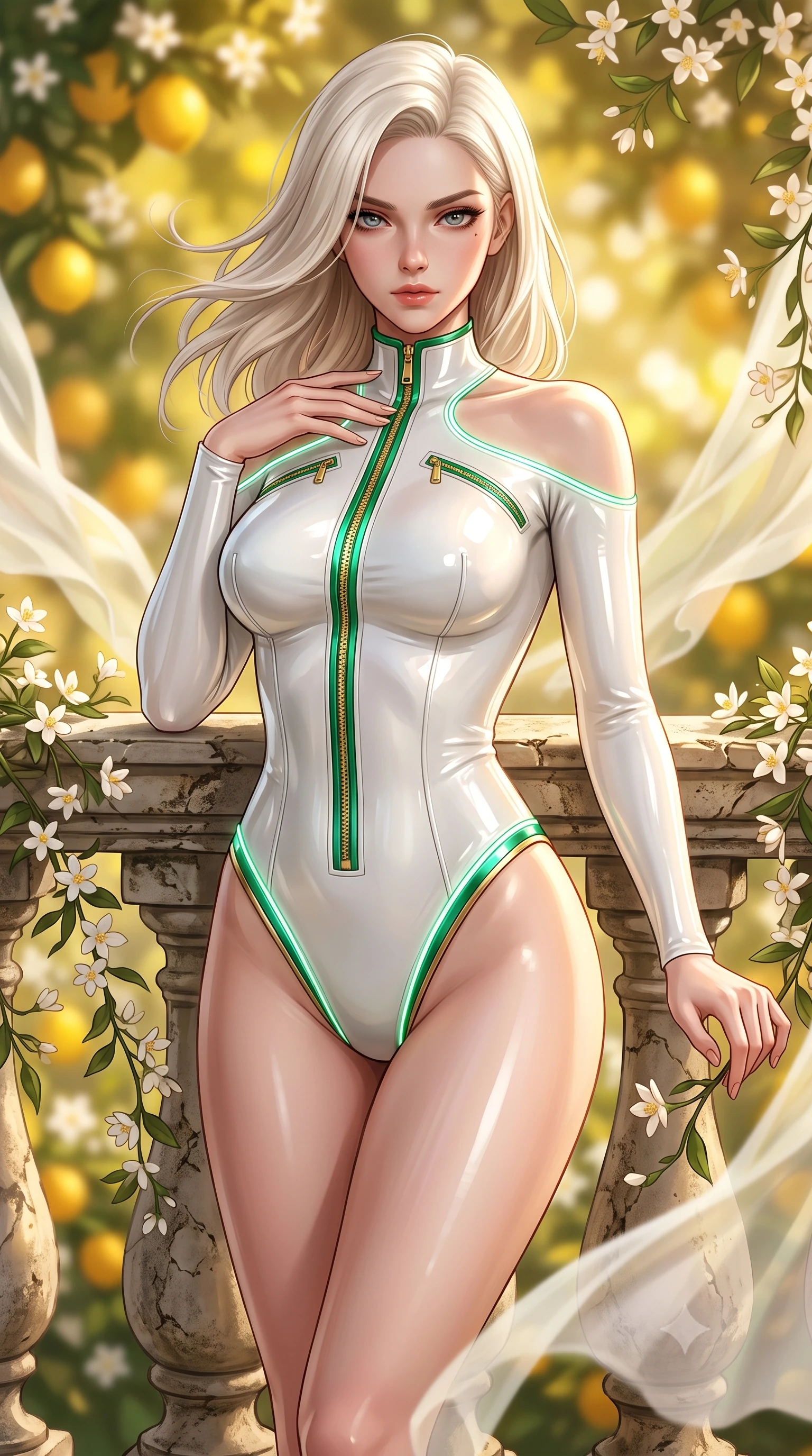 score_9, masterpiece, best quality, ultra-detailed, high-budget anime keyframe, semi-realistic 3D game render, editorial fashion photography, tasteful artistic composition, Caucasian woman. close-up cowboy shot from the waist and thighs up, the character dominates the composition, filling the frame with her large presence. leaning forward with a dangerous, enticing smolder, resting one hand near her collarbone while casting a fiery, magnetic direct gaze while leaning against an antique stone balustrade draped in fragrant jasmine flowers as afternoon breezes flutter her dress. The composition keeps background elements in soft focus with creamy bokeh. golden citrus fruits and blooming jasmine vines blurred into warm, sun-drenched yellow and green bokeh. She has an exceptionally elegant, slender, and willowy female figure with an ultra-slim waist, a gracefully sculpted slender torso, toned flat midriff, and a refined slim silhouette. sharp v-shaped jawline, high-bridge nose, intricate jewel-like eyes with depth, thick eyelashes, glossy lips with a natural sheen, flawlessly proportioned anatomical accuracy, strict slender model proportions, natural body alignment, perfectly sculpted long slender limbs, ultra-slim waistline, clean dynamic posture without body distortion. wearing a glossy white second-skin latex bodysuit with high-thigh cuts, exposed clavicle neckline, and gleaming zipper details in bright emerald green satin and gold hardware, crafted from ultra-reflective second-skin latex with a high-gloss glass-like polish, accented with glowing fiber-optic seams tracing her collarbones and hip curves, the sleek second-skin cut tightly hugging her graceful clavicle, narrow waist, and feminine curves with athletic precision. surrounded by a romantic, fresh, and captivatingly luxurious Mediterranean palace aura. highly saturated vibrant anime colors, detailed shading with soft gradients, rich glossy textures, high-contrast stereoscopic depth, volumetric dynamic lighting, master piece, 9:16 ratio