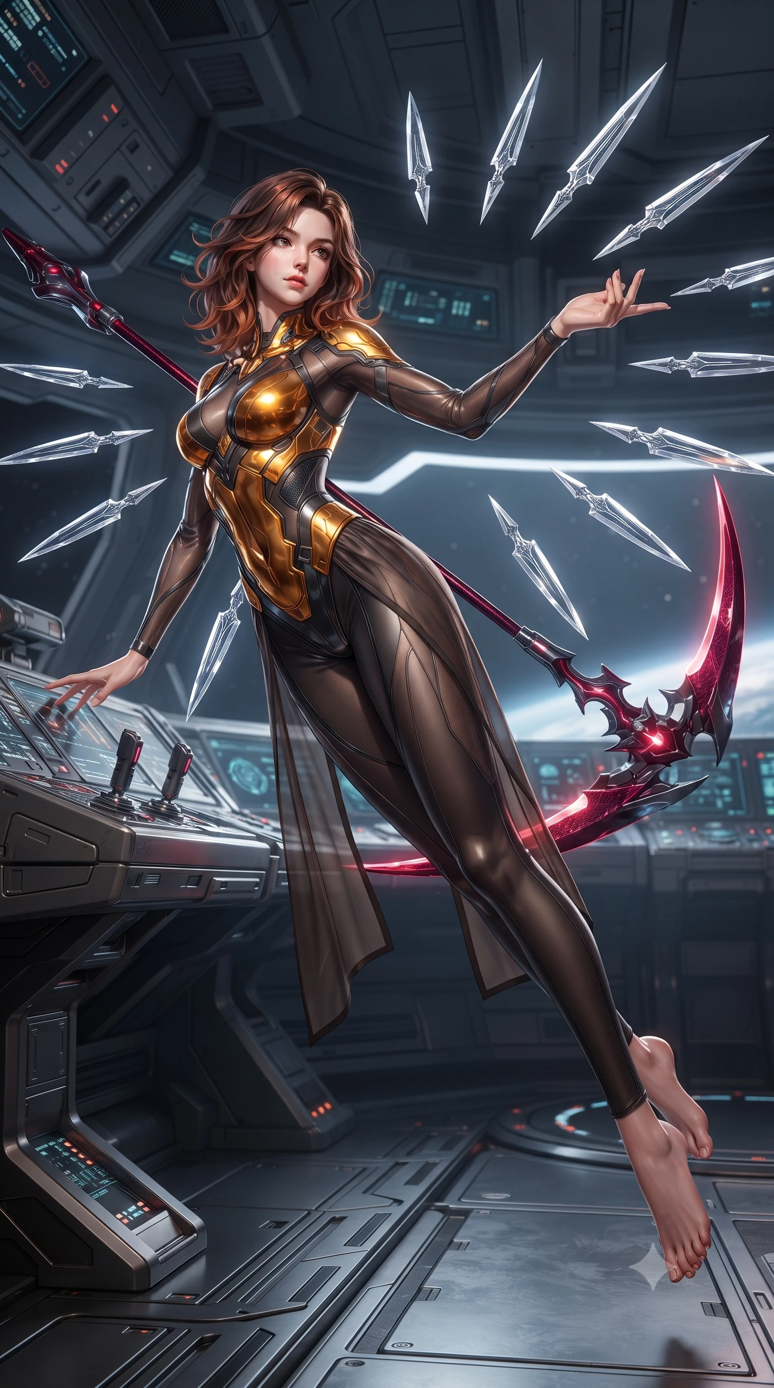 score_9, masterpiece, best quality, ultra-detailed, high-budget anime keyframe, editorial fashion photography, tasteful artistic composition, Korean woman. low angle full-body shot from head to toe showing her feet, filling the entire 9:16 vertical frame with her statuesque presence, stretching her vertical silhouette. arching her back gracefully in mid-air during a dynamic combat vault, her weapon energy trail framing her statuesque presence while leaning against a flight control console with one hand extended, directing the floating blades with graceful finger gestures. The surrounding environment is rendered in vivid detail and crisp panoramic clarity. razor-sharp floating crystal blade edges, glowing levitation drive rings, and flight deck surface textures in deep focus. She has an absolutely perfect, statuesque 8.5-heads proportion, an exceptionally tall and slender model-like female figure with impossibly long slender legs, a toned flat midriff, and an ultra-slim waist. sharp v-shaped jawline, high-bridge nose, intricate jewel-like eyes with depth, thick eyelashes, glossy lips with a natural sheen, flawlessly proportioned anatomical accuracy, strict slender model proportions, natural body alignment, perfectly sculpted long slender limbs, ultra-slim waistline, clean dynamic posture without body distortion. wearing a sculpted molten-gold and dark carbon cuirass paired with high-mobility combat leggings and sheer side drapes, wielding a glowing plasma energy scythe with fluid grace in deep crimson carbon weave with specular dark chrome accents, crafted from semi-translucent cybernetic carbon-vinyl interwoven with glowing micro-filaments, detailed with magnetic weapon holsters and polished chrome connection clasps, the form-contouring material adhering flawlessly to her sculpted flat midriff and slender torso, emphasizing her long leg lines and perfectly proportioned willowy build. surrounded by an elevated, supreme, and radiantly commanding aerospace goddess aura. ultra-reflective glossy finish, specular highlights, dark metallic sheen, high-contrast stereoscopic depth, volumetric dynamic lighting, 2k, ultra detail, master piece, 9:16 ratio