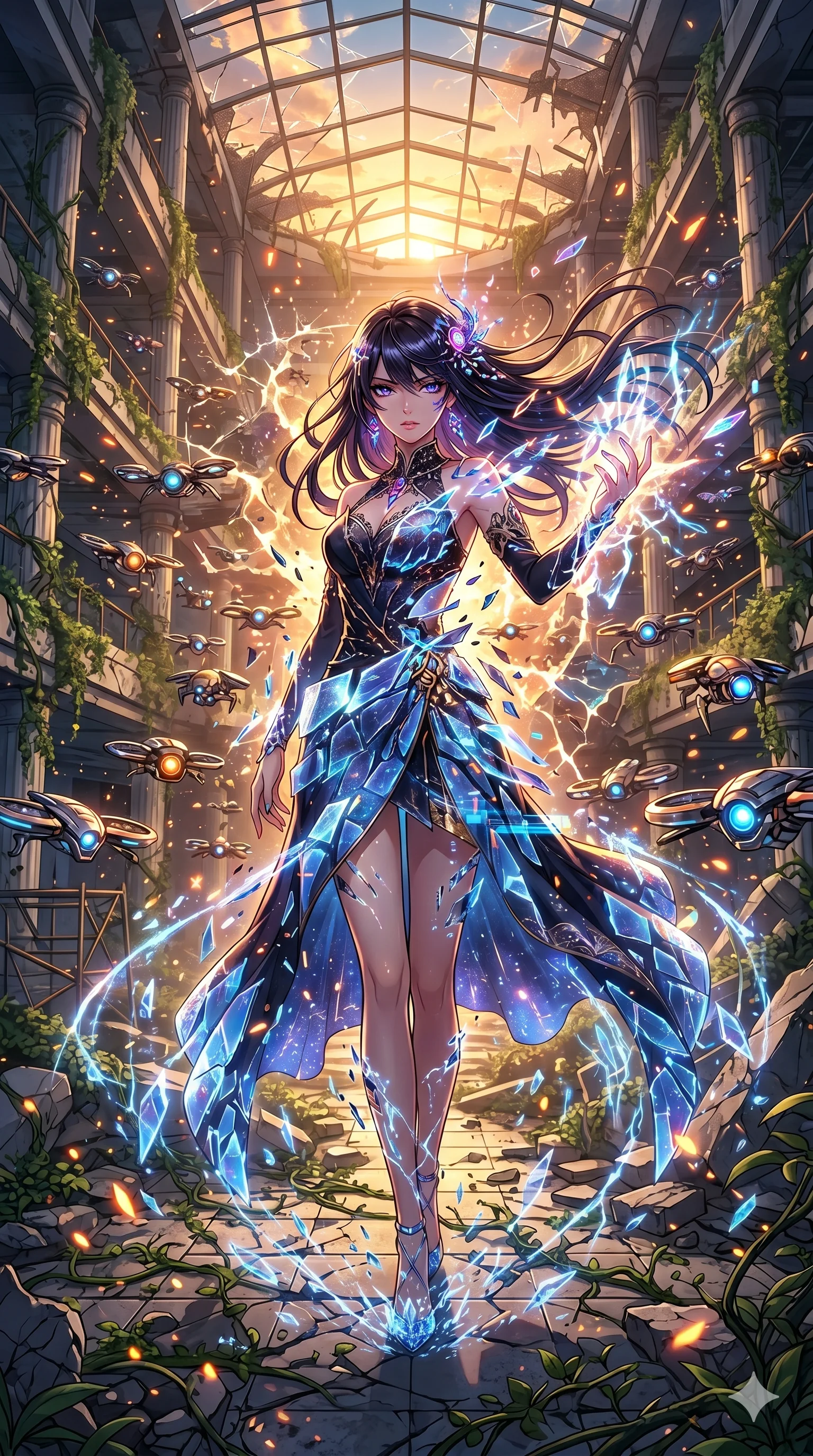 score_9, masterpiece, best quality, ultra-detailed, Set A: High-budget Anime Keyframe, Korean woman. Upper body close-up from the thighs up, character filling the screen for maximum presence. Theme: Ethereal Dream. shattering the fabric of reality in a ruined overgrown shopping mall, surrounded by 189 hovering guardian drones. The atmosphere is filled with golden hour with floating embers. She has an absolutely perfect 8-heads proportion, an exceptionally tall and slender female figure with impossibly long slender legs and an ultra-slim waist. Sharp v-shaped jawline, high-bridge nose, intricate jewel-like eyes with depth, glossy lips. Wearing Shattered-dimension dress where parts of the fabric seem to phase in and out. Cinematic lighting, vivid colors, dramatic shadows, 2k, ultra detail, master piece, 9:16 ratio