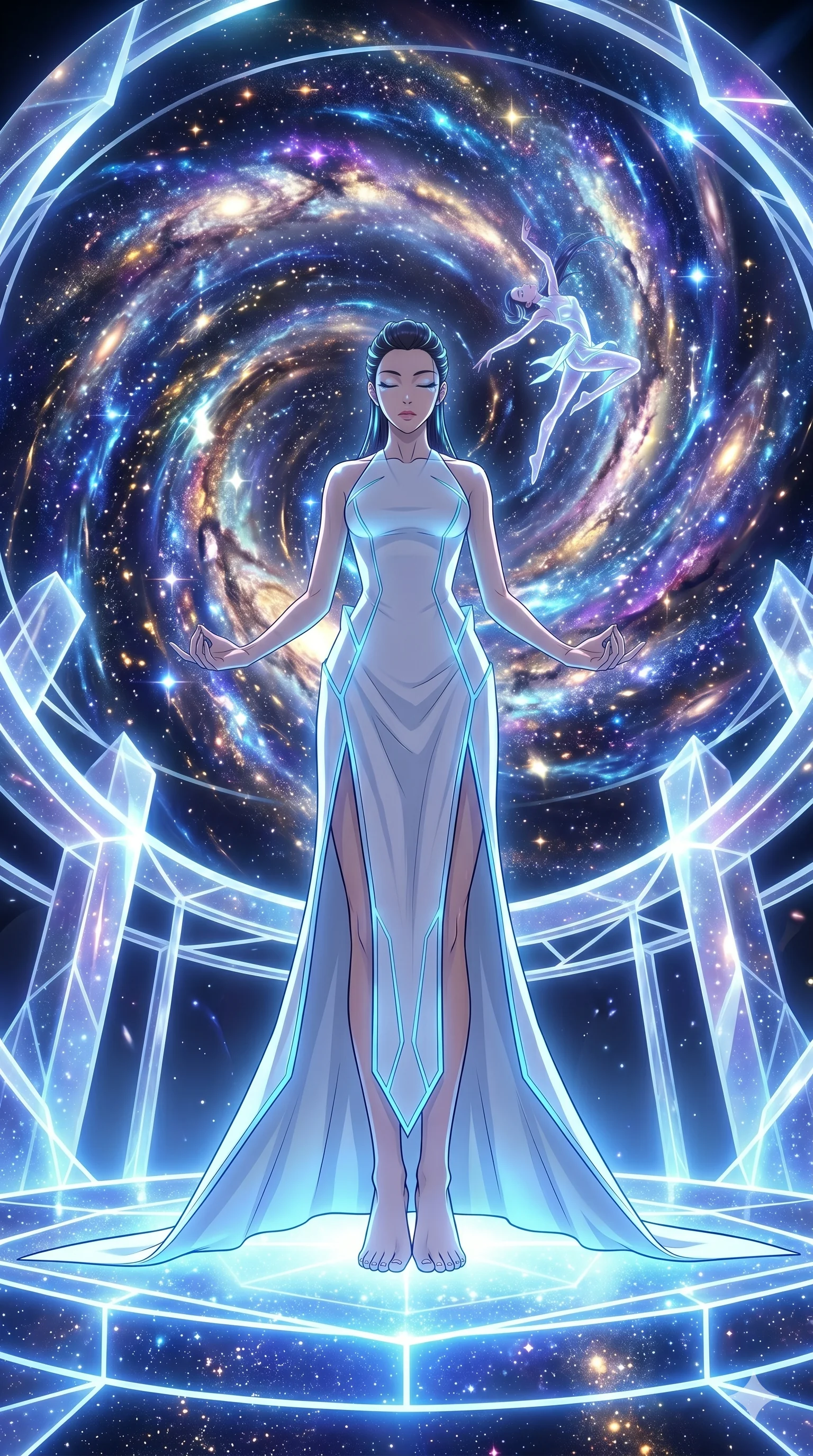 score_9, masterpiece, best quality, ultra-detailed, Set A: High-budget Anime Keyframe, Korean woman. Low angle cowboy shot filling the entire 9:16 frame with her statuesque presence. Theme: Abstract Cosmic. meditating in a temple made of solid light, as her reflection in the air starts to dance independently 145. The atmosphere is filled with a swirling vortex of stars. She has an absolutely perfect 8-heads proportion, an exceptionally tall and slender female figure with impossibly long slender legs and an ultra-slim waist. Sharp v-shaped jawline, high-bridge nose, intricate jewel-like eyes with depth, glossy lips. Wearing Minimalist architectural white dress with sharp angles and glowing blue trim. Cinematic lighting, vivid colors, dramatic shadows, 2k, ultra detail, master piece, 9:16 ratio