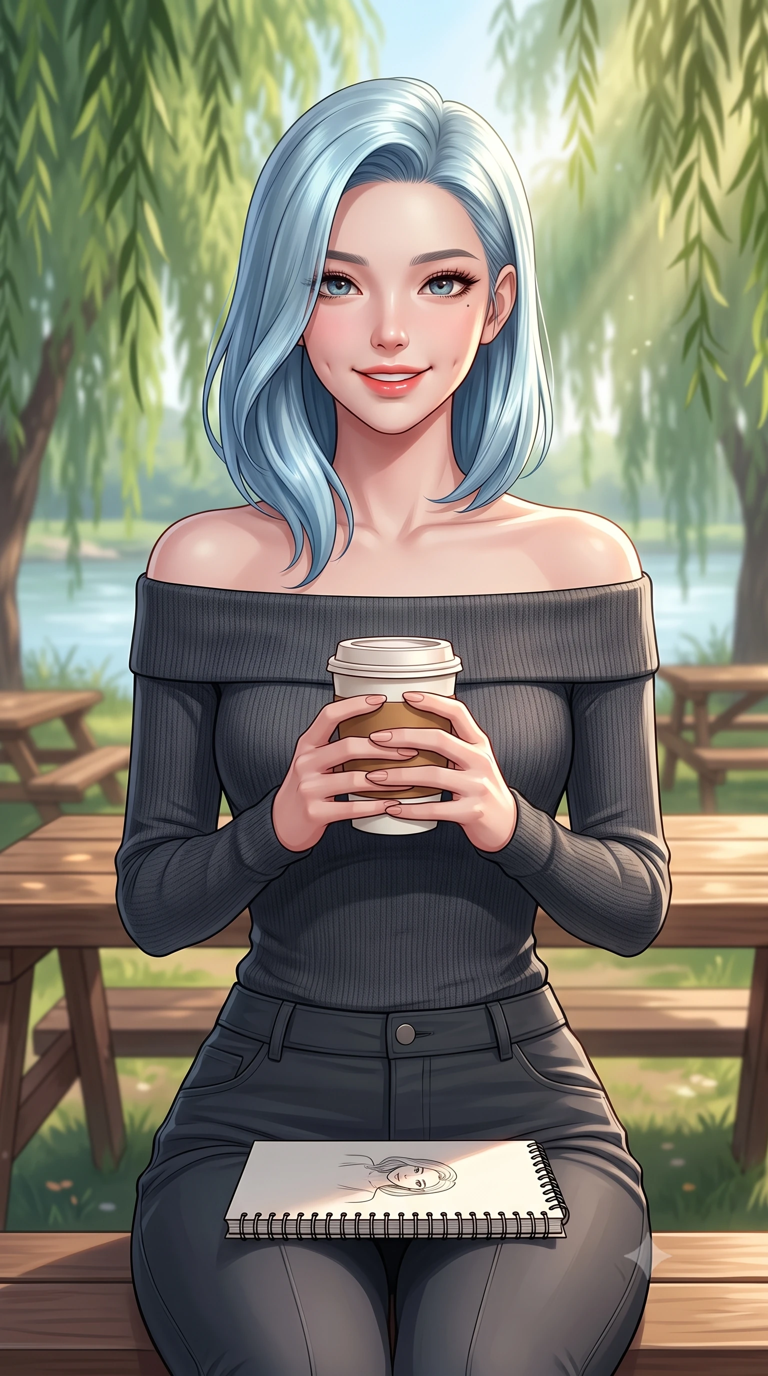 score_9, masterpiece, best quality, ultra-detailed, high-budget anime keyframe, editorial fashion photography, tasteful artistic composition, Korean woman. close-up cowboy shot from the waist and thighs up, the character dominates the composition, filling the frame with her large presence, background elements kept in soft focus. smiling with soft, cute dimples, holding a warm cup of tea with both hands set against a soft-focus background of at a riverside picnic area with wooden tables under weeping willow trees with a paper cup of warm tea and a small sketchbook on her lap. She has an exceptionally elegant, slender, and willowy female figure with an ultra-slim waist, a gracefully sculpted slender torso, and a refined silhouette. sharp v-shaped jawline, high-bridge nose, intricate jewel-like eyes with depth, thick eyelashes, glossy lips with a natural sheen. wearing tailored body-hugging off-shoulder knit top in charcoal, paired with tailored slim pants. soft afternoon sunbeams creating a peaceful, quiet country atmosphere. highly saturated vibrant anime colors, detailed shading with soft gradients, rich glossy textures, high-contrast stereoscopic depth, volumetric dynamic lighting, master piece, 9:16 ratio