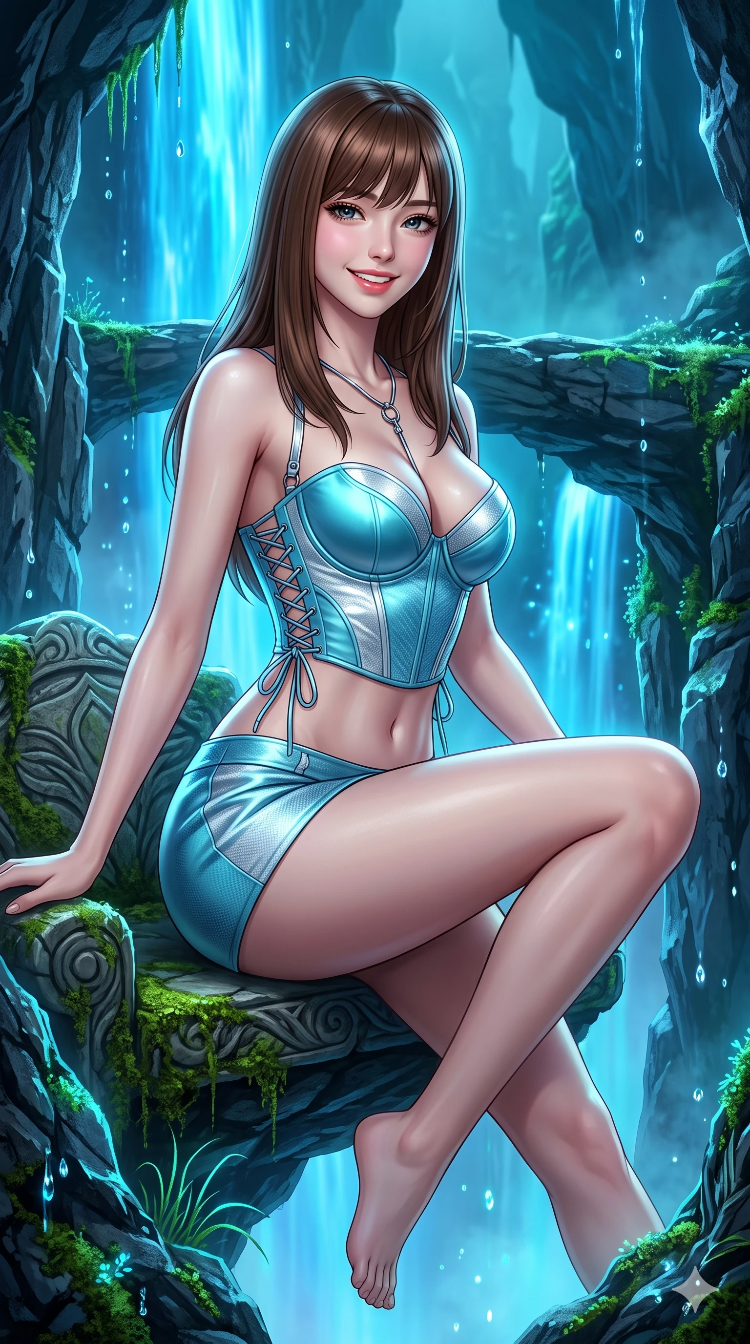 score_9, masterpiece, best quality, ultra-detailed, high-budget anime keyframe, semi-realistic 3D game render, editorial fashion photography, tasteful artistic composition, Korean woman. close-up cowboy shot from the waist and thighs up, the character dominates the composition, filling the frame with her large presence. perched sideways on the lounge seat, one knee drawn up to showcase her slender leg line while her arched back accentuates her feminine hip curve while standing poised on the natural stone skybridge between vertical rock spires, arching her lower back with commanding presence as glowing blue waterfalls plunge into the abyss. The surrounding environment is rendered in vivid detail and crisp panoramic clarity: sharp wet slate rock textures, glowing moss filaments, and individual falling water droplet speculars in deep focus. She has an exceptionally elegant, slender, and willowy female figure with an ultra-slim waist, flat toned midriff, narrow ribcage, and sculpted feminine hips creating an alluring, slim hourglass silhouette without bulk. sharp v-shaped jawline, high-bridge nose, intricate jewel-like sparkling eyes with depth, thick eyelashes, glossy parted lips with a natural peach sheen, bright cheerful beaming smile with an enchanting and coquettish sensual glint, exuding both youthful cute charm and seductive allure, flawlessly proportioned anatomical accuracy, strict slender model proportions, natural body alignment, perfectly sculpted long slender limbs, ultra-slim waistline, clean dynamic posture without body distortion. wearing a sculpted satin underwire crop corset with lace-up side ties paired with a low-rise micro skirt in glacial aurora cyan and starlight silver, woven from structured carbon-fiber jacquard with rich textural depth, accented with a chrome-drop body harness subtly framing her dewy collarbones and spine, the form-contouring silhouette accentuating her sculpted flat midriff, narrow delicate ribcage, and gracefully curvy hips with intoxicating allure. bathed in vivid electric-blue waterfall luminescence mixed with soft ambient cavern turquoise. highly saturated vibrant anime colors, detailed shading with soft gradients, rich glossy textures, high-contrast stereoscopic depth, volumetric dynamic lighting, master piece, 9:16 ratio