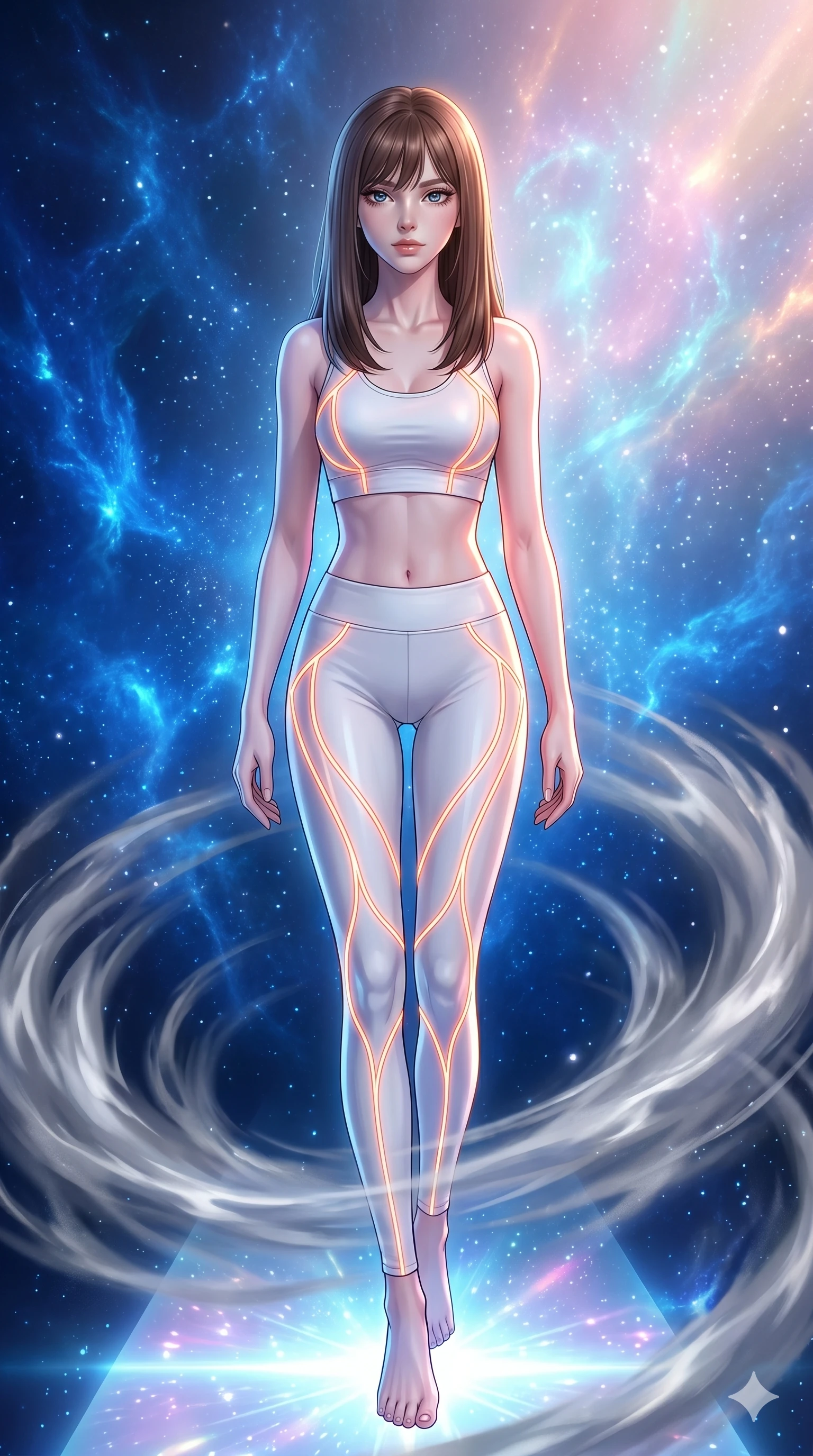score_9, masterpiece, best quality, ultra-detailed, high-budget anime keyframe, editorial fashion photography, tasteful artistic composition, Korean woman. upper body close-up from the thighs up, character filling the screen for maximum presence. gliding through on a platform of pure light floating in a nebula of electric blue gas while swirling vortexes of silver mist encircle her legs. She has an absolutely perfect 8-heads proportion, an exceptionally tall and slender female figure with impossibly long slender legs and an ultra-slim waist. V-shaped jawline, high-bridge nose, intricate jewel-like eyes with depth, thick eyelashes, glossy lips with a natural sheen.. wearing a neon filament activewear set, featuring a tight white crop top and matching leggings woven with glowing orange neon filaments highlighting her slender body contour. enhanced by a luminous pastel spectrum glow, casting elegant rim lights on her shoulders and jawline. 2k, ultra detail, master piece, 9:16 ratio