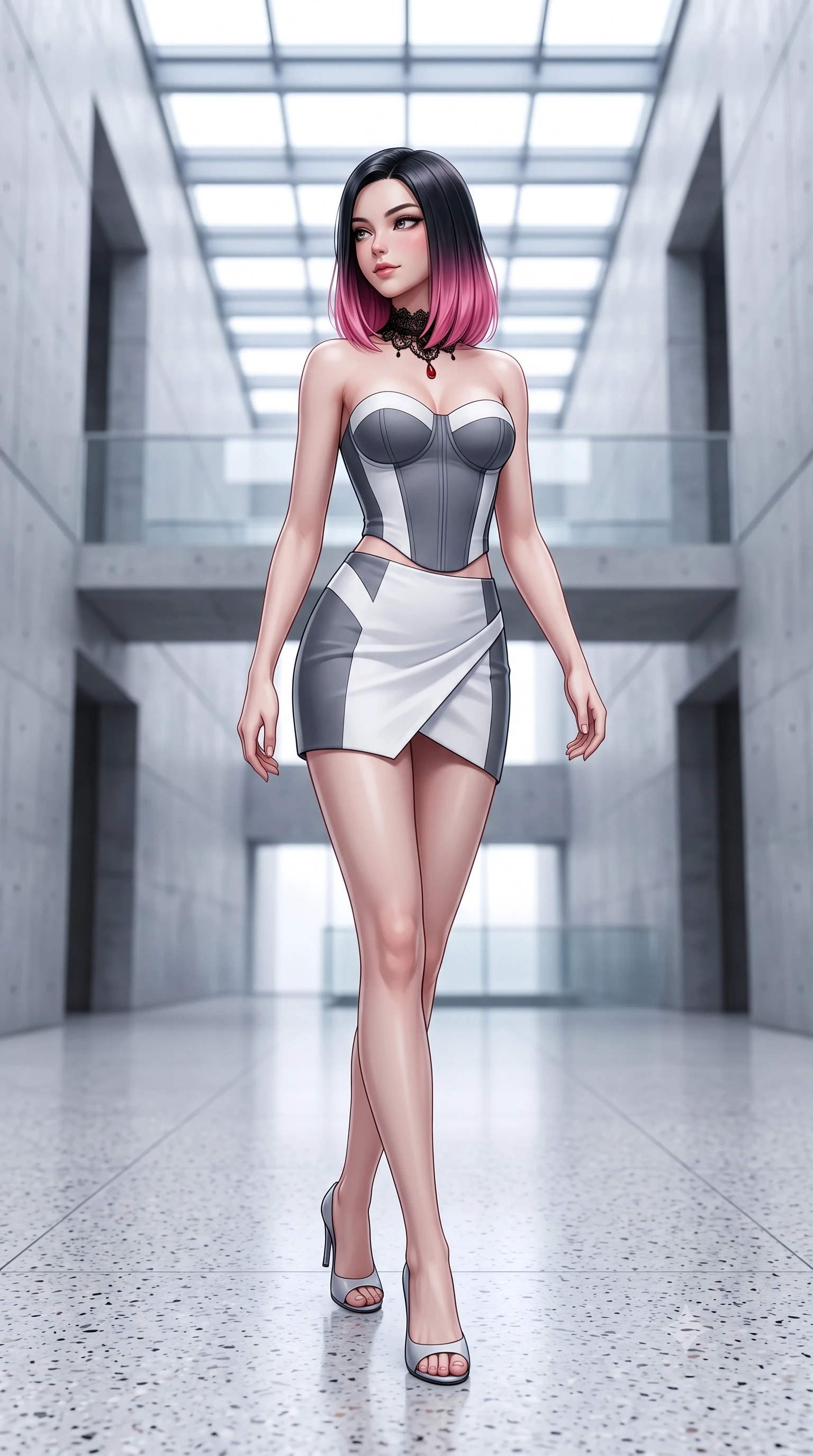 score_9, masterpiece, best quality, ultra-detailed, high-budget anime keyframe, semi-realistic 3D game render, editorial fashion photography, tasteful artistic composition, Korean woman. low angle full-body shot from head to toe showing her feet, filling the entire 9:16 vertical frame with her statuesque presence, stretching her vertical silhouette. walking along the terrace with poise, looking back over her bare shoulder with an irresistible smoldering bedroom-gaze while walking slowly down the polished terrazzo floor, hips swaying in an alluring rhythm that commands the pristine minimalist space. The background shows a soft-focus monumental board-formed concrete walls, floating architectural bridges, and geometric skylight grids blurred into cool grey, white, and platinum bokeh. She has an absolutely perfect, statuesque 8.5-heads proportion, an exceptionally tall and slender model-like female figure with impossibly long slender legs, an ultra-slim waist, a flat toned midriff, narrow delicate ribcage, and beautifully sculpted feminine hips creating a graceful, slim hourglass silhouette without any bulky heaviness. sharp v-shaped jawline, high-bridge nose, sparkling eyes with hypnotic seductive depth, thick curled eyelashes, glossy parted lips with a natural dewy peach sheen, alluring bedroom-eyes with an enchanting coquettish smile, exuding magnetic siren charisma and sophisticated glamour, flawlessly proportioned anatomical accuracy, strict slender model proportions, natural body alignment, perfectly sculpted long slender limbs, ultra-slim waistline, clean dynamic posture without body distortion. wearing a structured strapless boned neoprene bustier top paired with an ultra-short architectural wrap mini skirt in architectural titanium grey and pure milk white, crafted from smooth liquid-tight stretch jersey emphasizing every curve of her body, accented with an ornate black lace Victorian choker featuring a single blood-red teardrop garnet, the high-slit wrap tailoring accentuating her ultra-slim waistline and the enchanting curve of her feminine hips with alluring seductive charm. bathed in intense crisp neutral 5500K daylight flooding directly down from the overhead glass skylight. highly saturated vibrant anime colors, detailed shading with soft gradients, rich glossy textures, high-contrast stereoscopic depth, volumetric dynamic lighting, master piece, 9:16 ratio