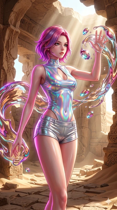 score_9, masterpiece, best quality, ultra-detailed, high-budget anime keyframe, Japanese woman. upper body close-up from the thighs up, character filling the screen for maximum presence. interacting with liquid stained-glass that melts and swirls in 