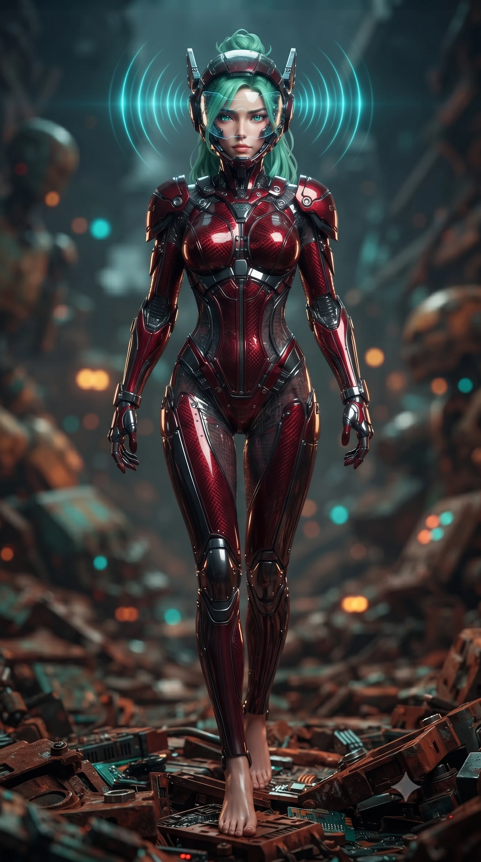 score_9, masterpiece, best quality, ultra-detailed, high-budget anime keyframe, editorial fashion photography, tasteful artistic composition, Japanese woman. low angle full-body shot from head to toe showing her feet, filling the entire 9:16 vertical frame with her statuesque presence, stretching her vertical silhouette. striding forward with sovereign warrior elegance in a low, predatory combat advance through the ruins, hips swaying with fierce athletic poise while pivoting dynamically as her cybernetic ear-sensor crown pulses with rhythmic cyan sonar waves that ripple through the gloom. The composition keeps background elements in soft focus with creamy bokeh. mountains of rusted android parts and blinking indicator lights blurred into rich amber, turquoise, and rust bokeh. She has an absolutely perfect, statuesque 8.5-heads proportion, an exceptionally tall and slender model-like female figure with impossibly long slender legs, a toned flat midriff, and an ultra-slim waist. sharp v-shaped jawline, high-bridge nose, intricate jewel-like eyes with depth, thick eyelashes, glossy lips with a natural sheen, fierce and resolute heroine expression, flawlessly proportioned anatomical accuracy, strict slender model proportions, natural body alignment, perfectly sculpted long slender limbs, ultra-slim waistline, clean dynamic posture without body distortion. wearing an open-face aerodynamic carbon-fiber combat helmet with a retracted transparent holographic HUD visor framing her sharp jawline and jewel-like eyes, paired with a statuesque high-fashion cyber-warrior armor suit with platinum bevels, heavy articulated shoulder guards, and an ultra-slim waist-cinching corset in deep battle-scarred crimson carbon weave with specular dark chrome accents, crafted from semi-translucent cybernetic carbon-vinyl interwoven with glowing micro-filaments, detailed with kinetic shock-dampening knuckle guards and polished chrome connection joints, the sleek second-skin cut tightly hugging her graceful clavicle, narrow waist, and feminine curves with athletic precision. surrounded by a gritty, dangerous, and irresistibly powerful cybernetic queen of the underworld aura. ultra-reflective glossy finish, specular highlights, dark metallic sheen, high-contrast stereoscopic depth, volumetric dynamic lighting, 2k, ultra detail, master piece, 9:16 ratio