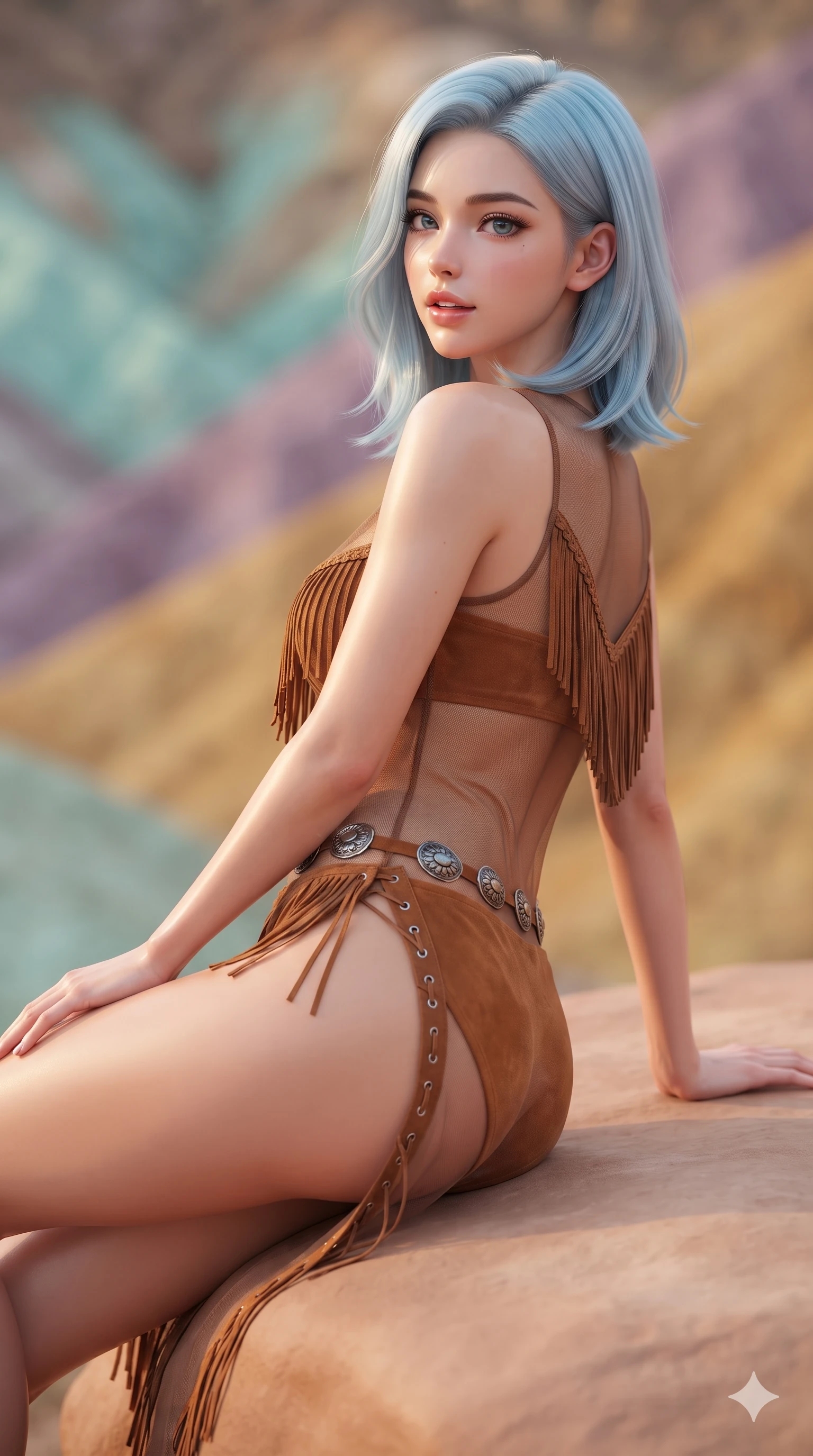 score_9, masterpiece, best quality, ultra-detailed, high-budget anime keyframe, editorial fashion photography, tasteful artistic composition, Korean woman. close-up cowboy shot from the waist and thighs up, the character dominates the composition, filling the frame with her large presence. posing in an alluring rear three-quarter angle, looking over a bare shoulder with parted glossy lips, her hips cocked back to highlight her slim hourglass curve while lounging gracefully across a smooth oxidized sandstone ledge, her sculpted silhouette and flat midriff radiating magnetic desert allure. The background shows a soft-focus soft pastel green volcanic ash, lavender iron mounds, and golden ochre slopes blurred into turquoise, rose, and amber bokeh. She has an exceptionally elegant, slender, and willowy female figure with an ultra-slim waist, flat toned midriff, narrow ribcage, and sculpted feminine hips creating an alluring, slim hourglass silhouette without bulk. sharp v-shaped jawline, high-bridge nose, sparkling eyes with hypnotic seductive depth, thick curled eyelashes, glossy parted lips with a natural dewy peach sheen, alluring bedroom-eyes with an enchanting coquettish smile, exuding magnetic siren charisma and sophisticated glamour, flawlessly proportioned anatomical accuracy, strict slender model proportions, natural body alignment, perfectly sculpted long slender limbs, ultra-slim waistline, clean dynamic posture without body distortion. wearing a provocative sheer illusion mesh western bodysuit with fringe trim layered over an opaque bandeau and briefs in rich cognac suede and antique silver concho hardware, tailored from second-skin technical compression neoprene with athletic curve-sculpting stretch, finished with an ultra-high side slit secured by miniature leather lace-up grommets, the bespoke structured tailoring following the natural line of her 8.5-heads silhouette with refined elegance. bathed in the warm, diffused 3000K afternoon light bringing out the vibrant natural mineral pigments of the volcanic hills. ultra-reflective glossy finish, specular highlights, rich textural contrasts, high-contrast stereoscopic depth, volumetric dynamic lighting, 2k, ultra detail, master piece, 9:16 ratio