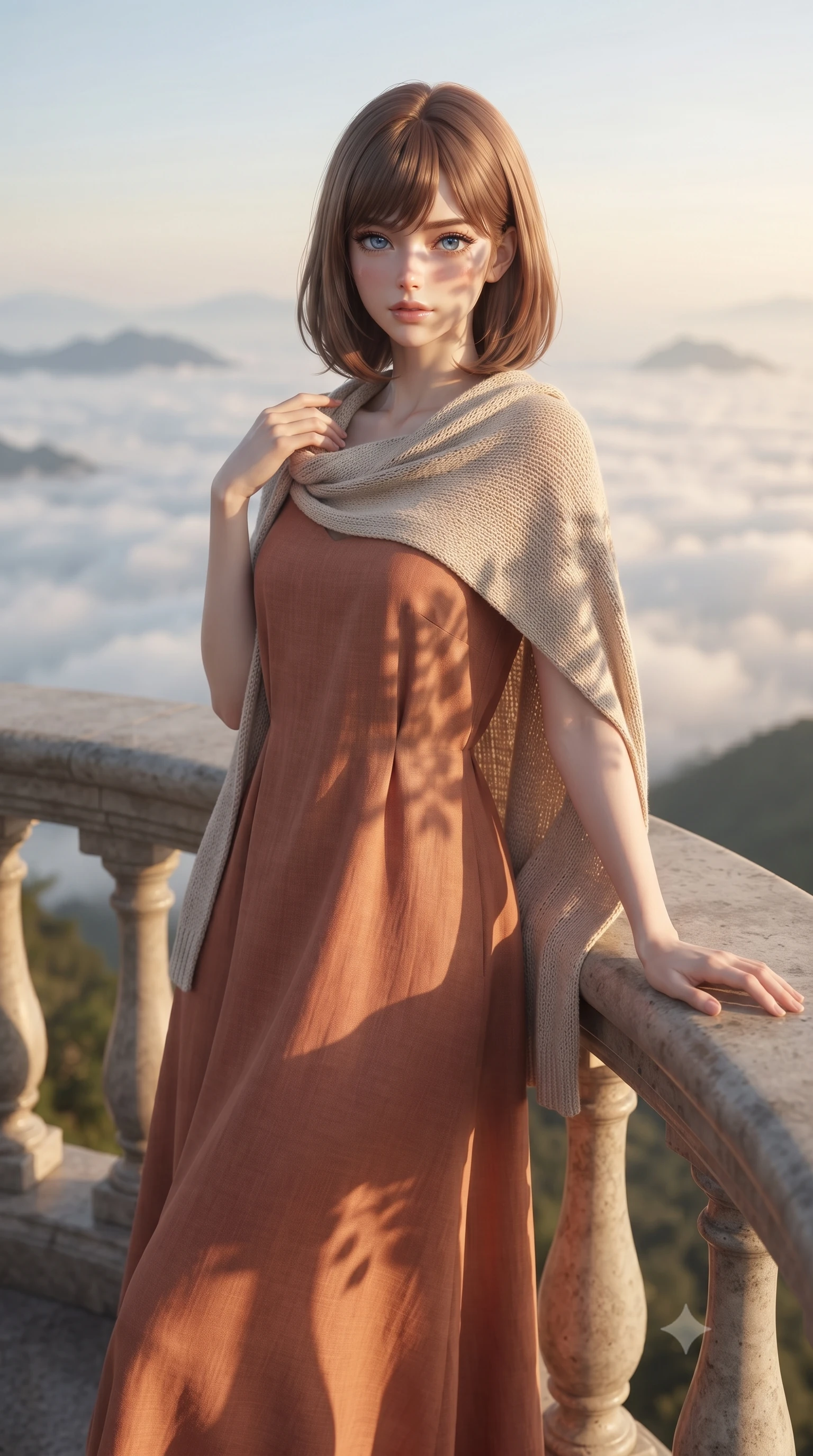 score_9, masterpiece, best quality, ultra-detailed, high-budget anime keyframe, editorial fashion photography, tasteful artistic composition, Caucasian woman, strictly human ears. close-up cowboy shot from the waist and thighs up, the character dominates the composition, filling the frame with her large presence, background elements kept in soft focus. Resting one arm elegantly against a surface with a poised relaxed stance. set against a soft-focus background of an open circular observation platform jutting out from a mountain peak above the cloud layer at sunrise with the vast white cloud sea stretching to every horizon and distant peaks emerging like islands. She has an exceptionally elegant and slender, willowy female figure with an ultra-slim waist, a gracefully sculpted slender torso, and a refined slim physique. sharp v-shaped jawline, high-bridge nose, intricate jewel-like eyes with depth, thick eyelashes, glossy lips with a natural sheen. wearing a flowing terracotta-colored linen maxi dress with a relaxed fit, layered with a light beige knitted shawl. warm golden afternoon sunbeams casting soft organic leaf shadows across her skin. 2k, ultra detail, master piece, 9:16 ratio