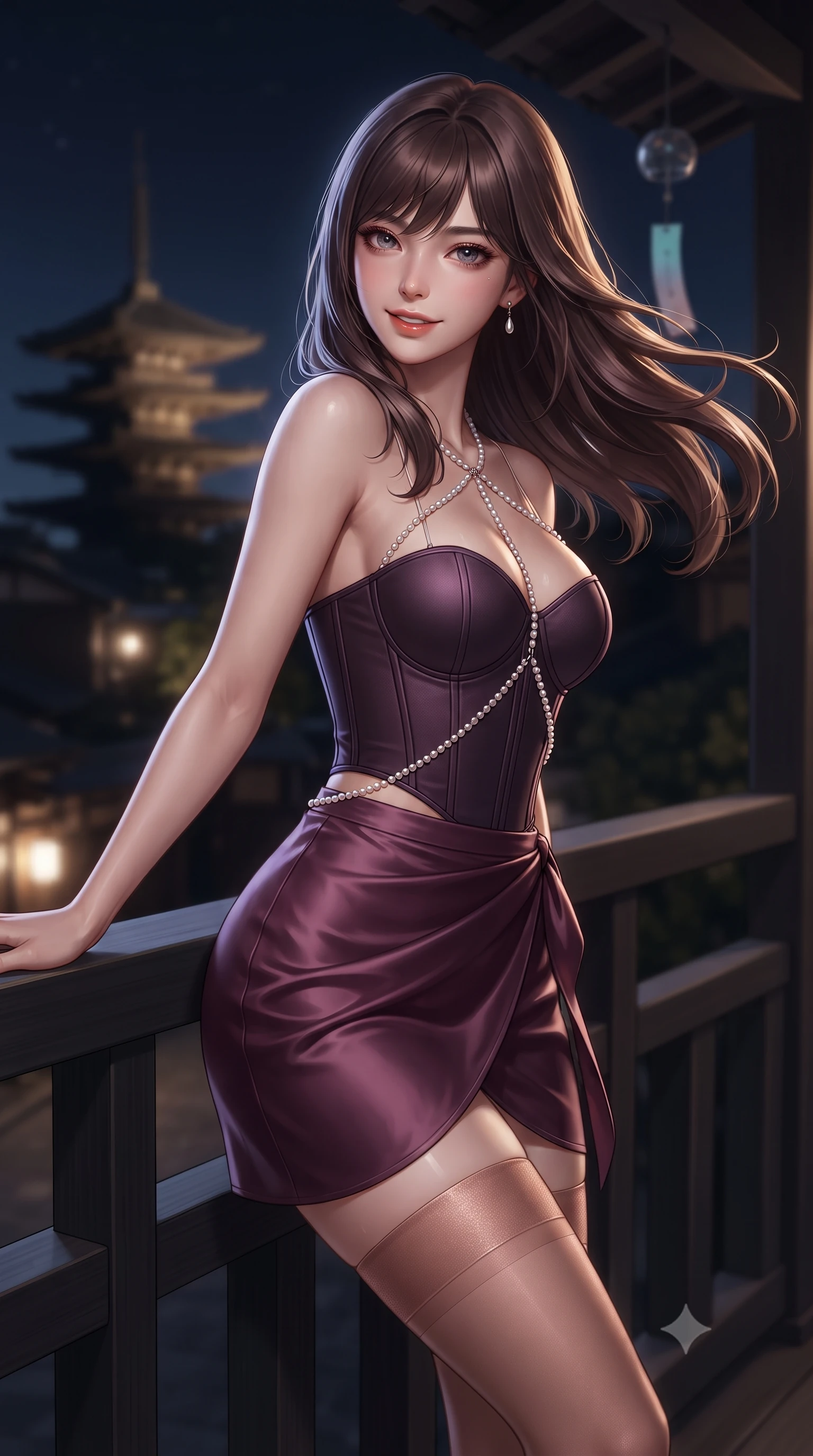 score_9, masterpiece, best quality, ultra-detailed, high-budget anime keyframe, editorial fashion photography, tasteful artistic composition, Korean woman. close-up cowboy shot from the waist and thighs up, the character dominates the composition, filling the frame with her large presence. turning slowly with an enchanting smoldering smile, her glossy hair tossing in the breeze as her hips angle gracefully in a captivating contrapposto while leaning against the minimalist timber balustrade with hips cocked back, looking toward the distant illuminated Yasaka Pagoda with smoldering eyes. The background shows a soft-focus wind-chimes hanging from eaves softened in serene nocturnal panoramic shallow focus. She has an exceptionally elegant, slender, and willowy female figure with an ultra-slim waist, flat toned midriff, narrow ribcage, and sculpted feminine hips creating an alluring, slim hourglass silhouette without bulk. sharp v-shaped jawline, high-bridge nose, sparkling eyes with hypnotic seductive depth, thick curled eyelashes, glossy parted lips with a natural dewy peach sheen, alluring bedroom-eyes with an enchanting coquettish smile, exuding magnetic siren charisma and sophisticated glamour, flawlessly proportioned anatomical accuracy, strict slender model proportions, natural body alignment, perfectly sculpted long slender limbs, ultra-slim waistline, clean dynamic posture without body distortion. wearing a structured boned leatherette corset bodice paired with an ultra-short micro-wrap mini skirt and sheer thigh-high stockings in deep plum violet and rose gold, crafted from fluid liquid silk satin that clings smoothly to every curve with a dewy sheen, accented with a pearl-drop body harness subtly framing her dewy collarbones and spine, the high-slit wrap tailoring accentuating her ultra-slim waistline and the enchanting curve of her feminine hips with alluring seductive charm. illuminated by polished cedar reflection bounce and sharp platinum-gold rim lights sculpting her razor-sharp jawline, narrow waist, and curvy hips. ultra-reflective glossy finish, specular highlights, rich textural contrasts, high-contrast stereoscopic depth, volumetric dynamic lighting, 2k, ultra detail, master piece, 9:16 ratio