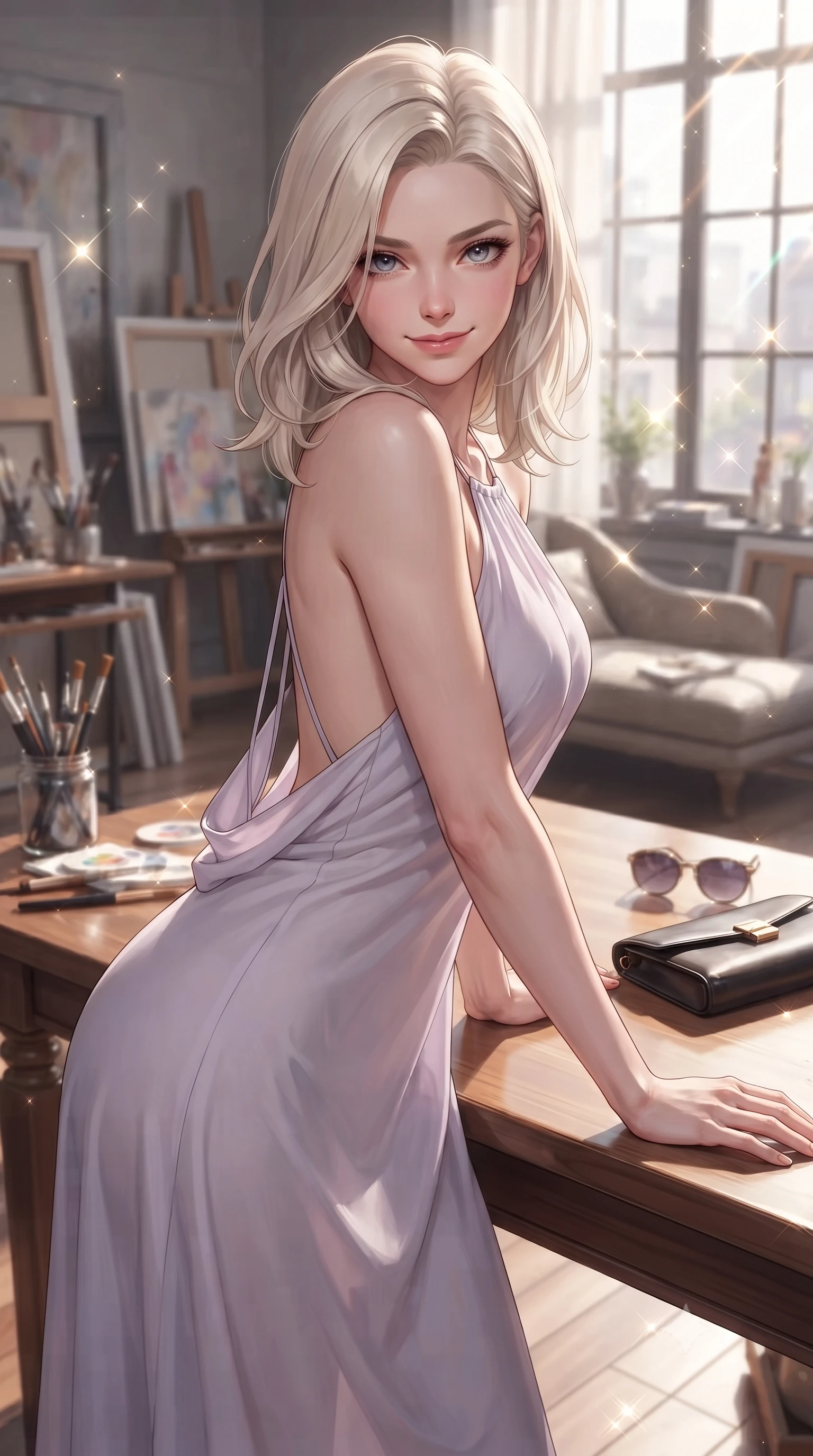 score_9, masterpiece, best quality, ultra-detailed, high-budget anime keyframe, editorial fashion photography, tasteful artistic composition, Caucasian woman. close-up cowboy shot from the waist and thighs up, the character dominates the composition, filling the frame with her large presence, background elements kept in soft focus. leaning slightly forward over the table with a playful, magnetic smile that locks direct eye contact set against a soft-focus background of inside an exclusive art atelier with a pair of designer sunglasses and a sleek leather clutch bag on the lounger. She has an exceptionally elegant, slender, and willowy female figure with an ultra-slim waist, a gracefully sculpted slender torso, and a refined silhouette. sharp v-shaped jawline, high-bridge nose, intricate jewel-like eyes with depth, thick eyelashes, glossy lips with a natural sheen. wearing form-contouring pale lavender semi-opaque chiffon backless linen halter dress featuring delicate straps and a draped open-back design featuring refined tailored seams. lit by crisp morning sun rays creating sparkling glints on polished glass and water. ultra-reflective glossy finish, specular highlights, metallic sheen, high-contrast stereoscopic depth, volumetric dynamic lighting, 2k, ultra detail, master piece, 9:16 ratio