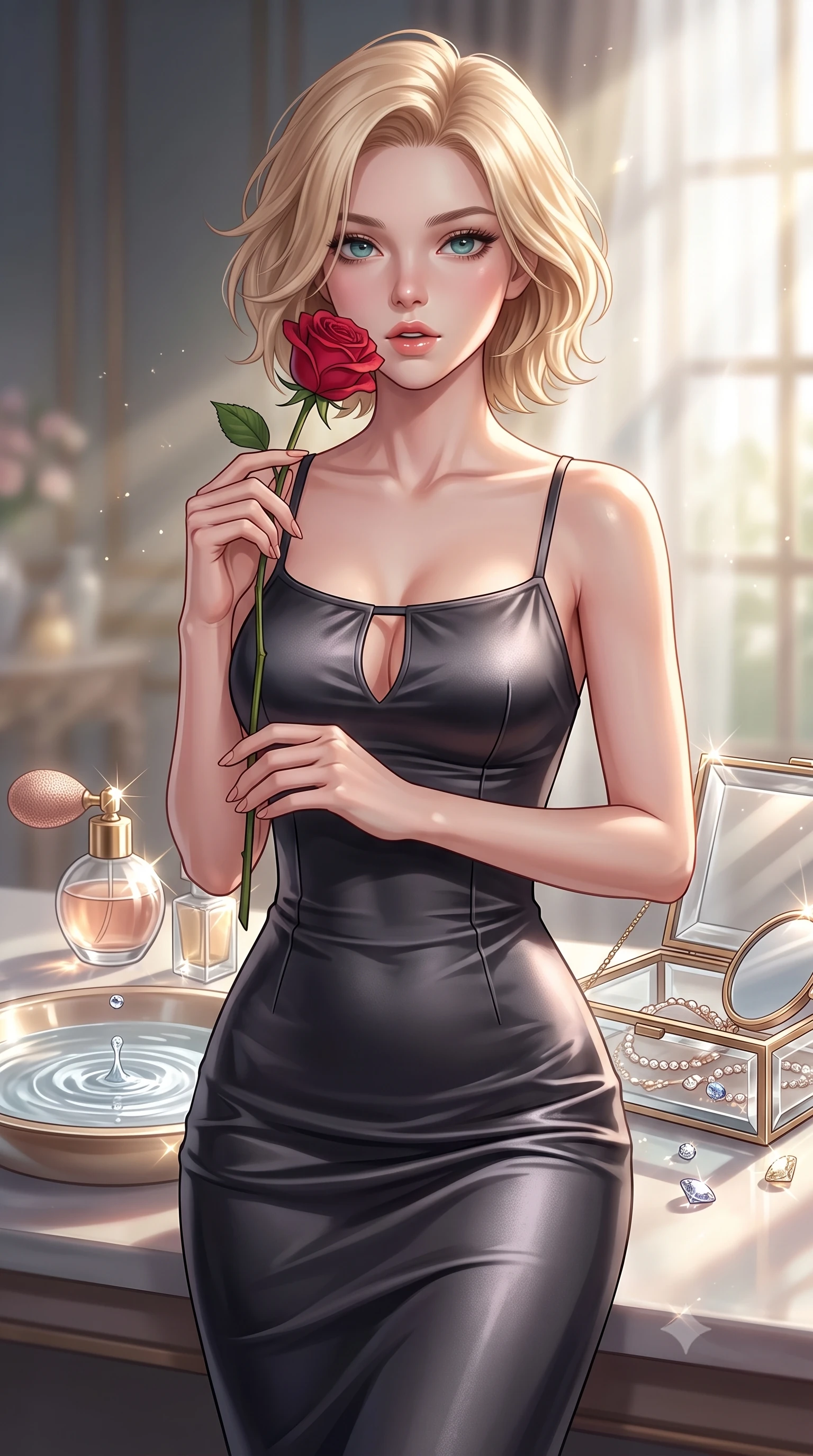 score_9, masterpiece, best quality, ultra-detailed, high-budget anime keyframe, editorial fashion photography, tasteful artistic composition, Caucasian woman. close-up cowboy shot from the waist and thighs up, the character dominates the composition, filling the frame with her large presence, background elements kept in soft focus. gasping softly with a charming expression, holding a rose stem near her cheek with a magnetic stare set against a soft-focus background of inside an exclusive private spa pavilion with a vintage perfume atomizer and crystal jewelry box reflecting soft light. She has an exceptionally elegant, slender, and willowy female figure with an ultra-slim waist, a gracefully sculpted slender torso, and a refined silhouette. sharp v-shaped jawline, high-bridge nose, intricate jewel-like eyes with depth, thick eyelashes, glossy lips with a natural sheen. wearing tailored charcoal liquid satin body-hugging knit midi dress with a tasteful keyhole neckline cutout and thin shoulder straps featuring refined tailored seams. lit by crisp morning sun rays creating sparkling glints on polished glass and water. highly saturated vibrant anime colors, detailed shading with soft gradients, rich glossy textures, high-contrast stereoscopic depth, volumetric dynamic lighting, master piece, 9:16 ratio