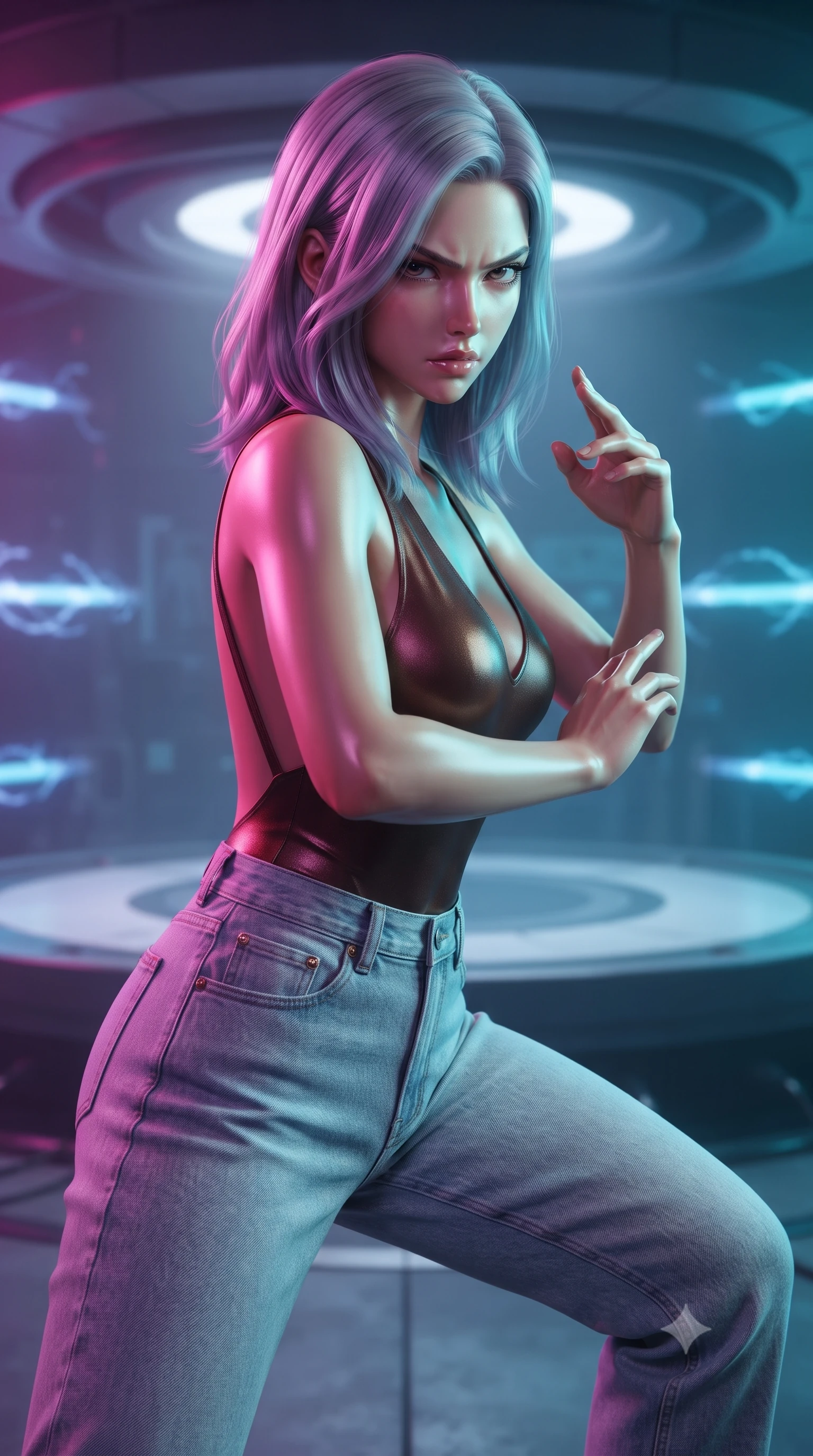 score_9, masterpiece, best quality, ultra-detailed, high-budget anime keyframe, editorial fashion photography, tasteful artistic composition, realistic cosplay photography, Caucasian woman, strictly human ears. close-up cowboy shot from the waist and thighs up, the character dominates the composition, filling the frame with her large presence, background elements kept in soft focus. Standing in a low, ready combat stance, eyes narrowed in sharp concentration. set against a soft-focus background of a circular platform suspended inside a particle accelerator, ringed by blue plasma tubes spinning at near-light speed. She has an exceptionally elegant and slender, willowy female figure with an ultra-slim waist, a gracefully sculpted slender torso, and a refined slim physique. sharp v-shaped jawline, high-bridge nose, intricate jewel-like eyes with depth, thick eyelashes, glossy lips with a natural sheen. wearing catching and diffusing the glowing particles, shimmering softly in response to the surrounding light, a tailored chocolate brown bodysuit with an open back, paired with high-waisted light-wash boyfriend jeans. dual-tone lighting with hot magenta from the left and cool cyan from the right. ultra-reflective glossy finish, specular highlights, metallic sheen, high-contrast stereoscopic depth, volumetric dynamic lighting, 2k, ultra detail, master piece, 9:16 ratio