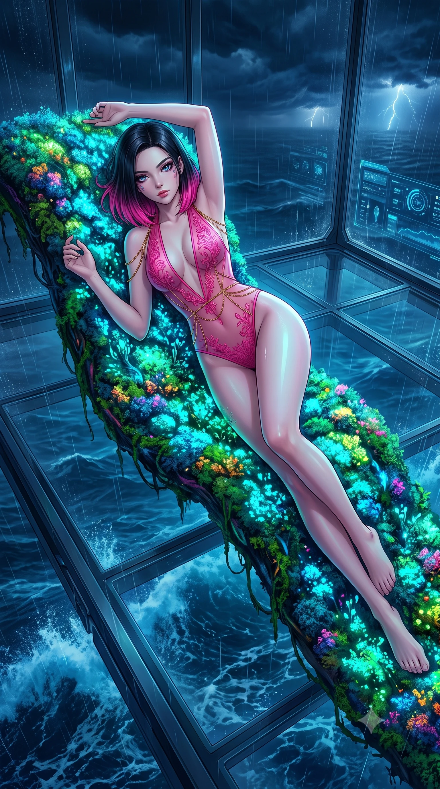score_9, masterpiece, best quality, ultra-detailed, High-budget Anime Keyframe, East Asian woman. Dynamic full-body shot stretching the vertical silhouette to the limit. Scenario 460: lying gracefully on a bed of bioluminescent moss inside a floating platform suspended over a stormy sea of dark blue water. Her presence is magnetic and overpowering in this high-budget anime scene. Outfit 460: a slim-fit hot pink sheer organza bodysuit featuring an elegant plunging collar and fine gold chains. The clothing is designed to emphasize her exceptionally tall and slender 8-heads proportion. 8-heads proportion, towering silhouette, ultra-slim waist. sharp v-shaped jawline, intricate jewel-like eyes with depth, thick eyelashes, glossy lips. 2k, ultra detail, master piece, 9:16 ratio