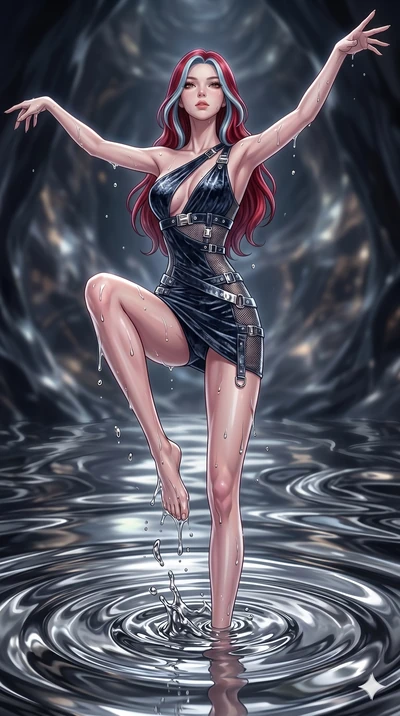score_9, masterpiece, best quality, ultra-detailed, High-budget Anime Keyframe, East Asian woman. Dynamic full-body shot stretching the vertical silhouette to the limit. Scenario 204: Rising from a pool of mercury-like liquid, droplets rolling off he