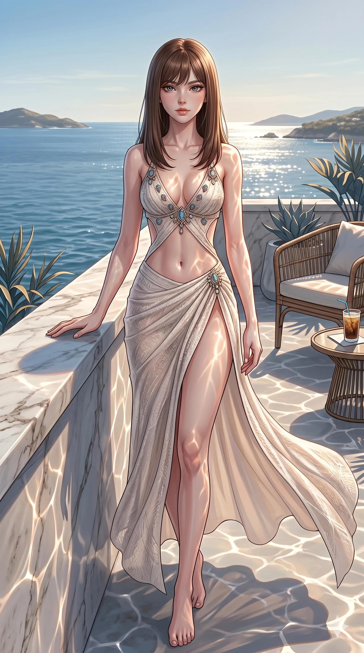 score_9, masterpiece, best quality, ultra-detailed, high-budget anime keyframe, editorial fashion photography, tasteful artistic composition, Korean woman. cowboy shot from the thighs up, character and outfit filling the frame for maximum editorial presence. resting one hand on the marble railing, looking at the lens on a private sun-deck of a resort retreat overlooking the sea (Code-P19-122). She has an absolutely perfect 8-heads proportion, an exceptionally tall and slender female figure with impossibly long slender legs and an ultra-slim waist. V-shaped jawline, high-bridge nose, intricate jewel-like eyes with depth, thick eyelashes, glossy lips with a natural sheen. wearing a high-slit beach gown with exposed midriff and plunging neckline. reflections from the water casting shimmering light patterns. 2k, ultra detail, master piece, 9:16 ratio