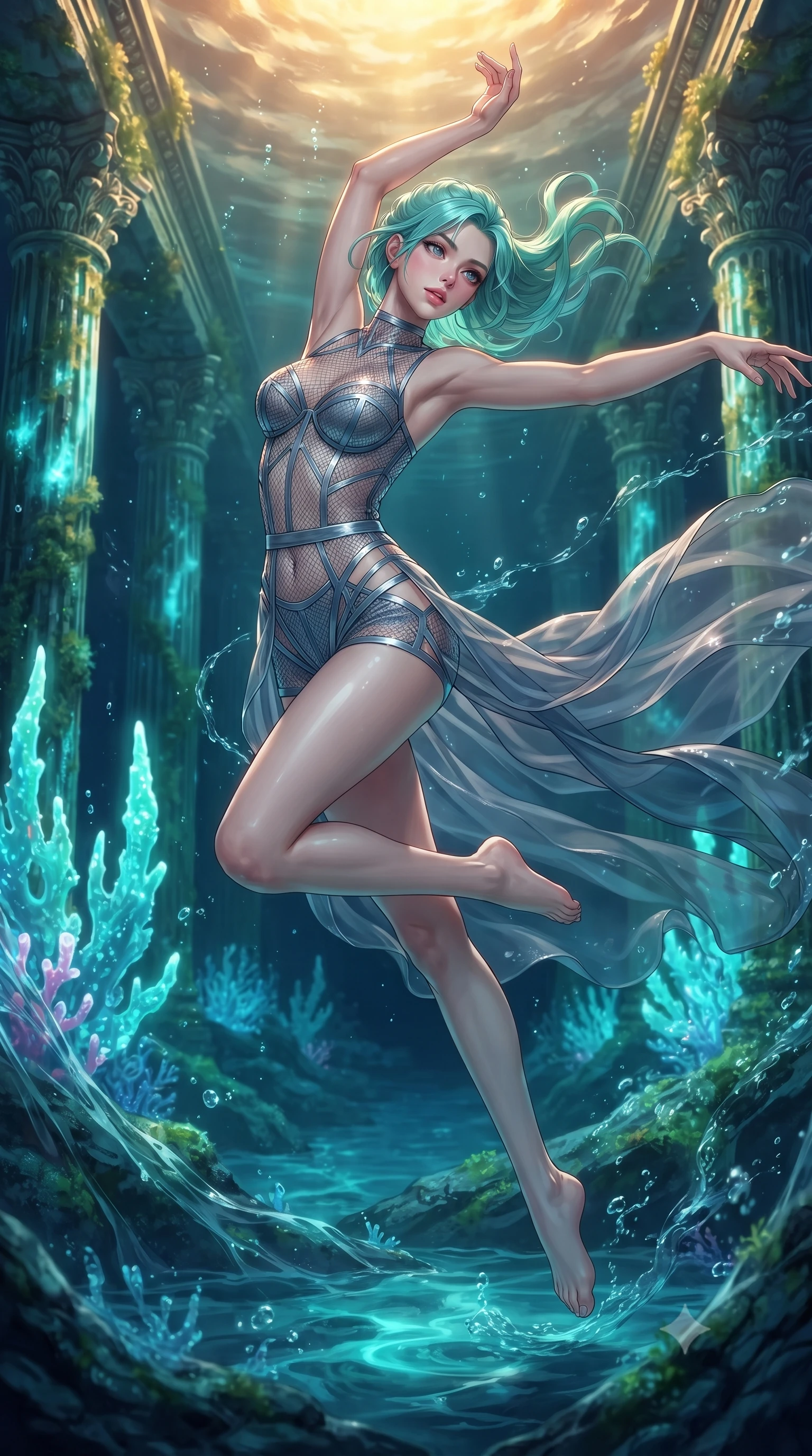 score_9, masterpiece, best quality, ultra-detailed, high-budget anime keyframe, editorial fashion photography, tasteful artistic composition, Japanese woman. low angle full-body shot from head to toe showing her feet, filling the entire 9:16 vertical frame with her statuesque presence, stretching her vertical silhouette. performing an athletic mid-air rotation with flawless poise, her vertical silhouette beautifully stretched while gliding dynamically through a sunken colonnade as ocean currents swirl her flowing gown, glowing aqua coral spires emitting pulsing luminescence in the background. She has an absolutely perfect, statuesque 8.5-heads proportion, an exceptionally tall and slender model-like female figure with impossibly long slender legs and an ultra-slim waist. sharp v-shaped jawline, high-bridge nose, intricate jewel-like eyes with depth, thick eyelashes, glossy lips with a natural sheen, flawlessly proportioned anatomical accuracy, natural body alignment, perfectly sculpted elegant limbs, clean dynamic posture without body distortion. wearing a delicate see-through mesh top with structured cup boning and micro-shorts in slate blue and metallic silver, woven from fine semi-opaque sheer organza, featuring subtle geometric cutouts that highlight her ultra-slim midriff, the tailored fabric tightly following every curve of her athletic build. illuminated by deep sea bioluminescence and warm golden top lighting. ultra-reflective glossy finish, specular highlights, metallic sheen, high-contrast stereoscopic depth, volumetric dynamic lighting, 2k, ultra detail, master piece, 9:16 ratio