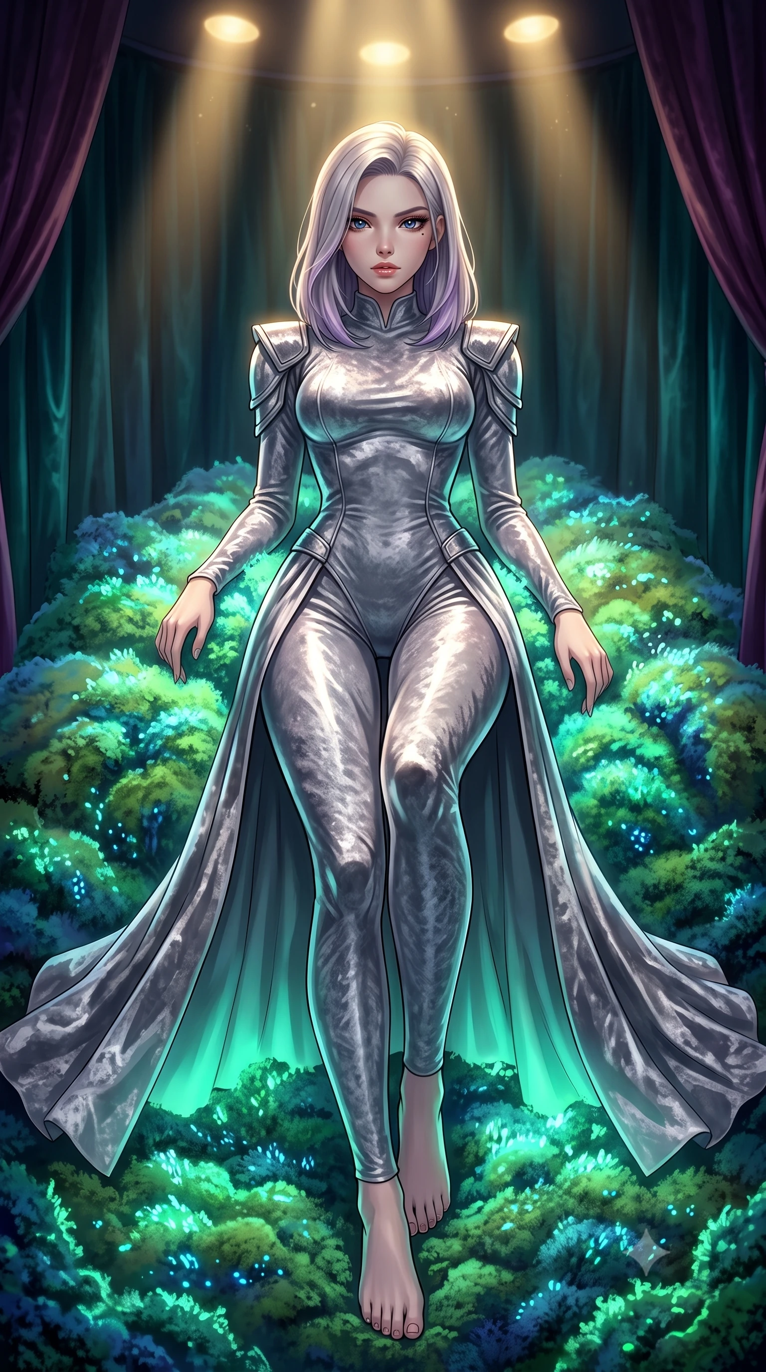 score_9, masterpiece, best quality, ultra-detailed, High-budget Anime Keyframe, Caucasian woman, strictly human ears. Low angle cowboy shot filling the entire 9:16 frame with her statuesque presence. Scenario 465: lying gracefully on a bed of bioluminescent moss inside a velvet-lined dressing room illuminated by soft golden spotlights. Her presence is magnetic and overpowering in this high-budget anime scene. Outfit 465: a tailored liquid silver crushed velvet catsuit featuring a high-slit skirt and structured shoulders. The clothing is designed to emphasize her exceptionally tall and slender 8-heads proportion. 8-heads proportion, towering silhouette, ultra-slim waist. sharp v-shaped jawline, intricate jewel-like eyes with depth, thick eyelashes, glossy lips. 2k, ultra detail, master piece, 9:16 ratio