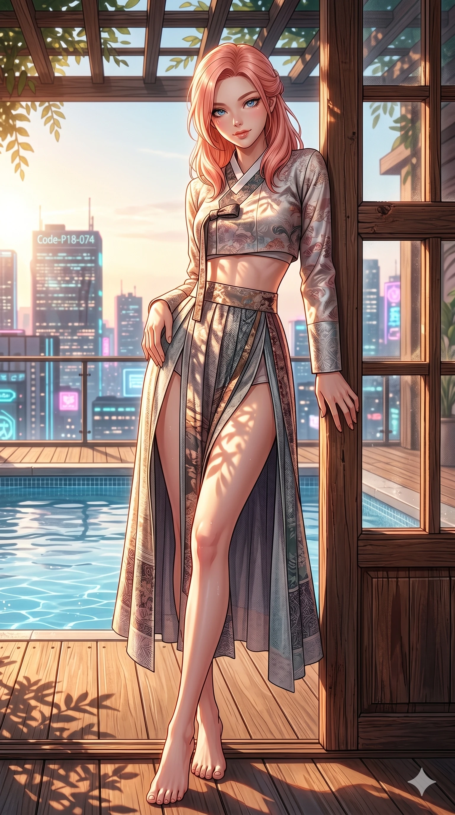 score_9, masterpiece, best quality, ultra-detailed, high-budget anime keyframe, editorial fashion photography, tasteful artistic composition, Japanese woman. cowboy shot from the thighs up, character and outfit filling the frame for maximum editorial presence. leaning against the wooden window frame, looking at the viewer on a private rooftop pool deck overlooking a glowing neon city at night (Code-P18-074). She has an absolutely perfect 8-heads proportion, an exceptionally tall and slender female figure with impossibly long slender legs and an ultra-slim waist. V-shaped jawline, high-bridge nose, intricate jewel-like eyes with depth, thick eyelashes, glossy lips with a natural sheen. wearing a modern fusion hanbok with an exposed waist and a high slit skirt. drenched in brilliant morning sunshine, casting long warm highlights and leaf patterns. 2k, ultra detail, master piece, 9:16 ratio