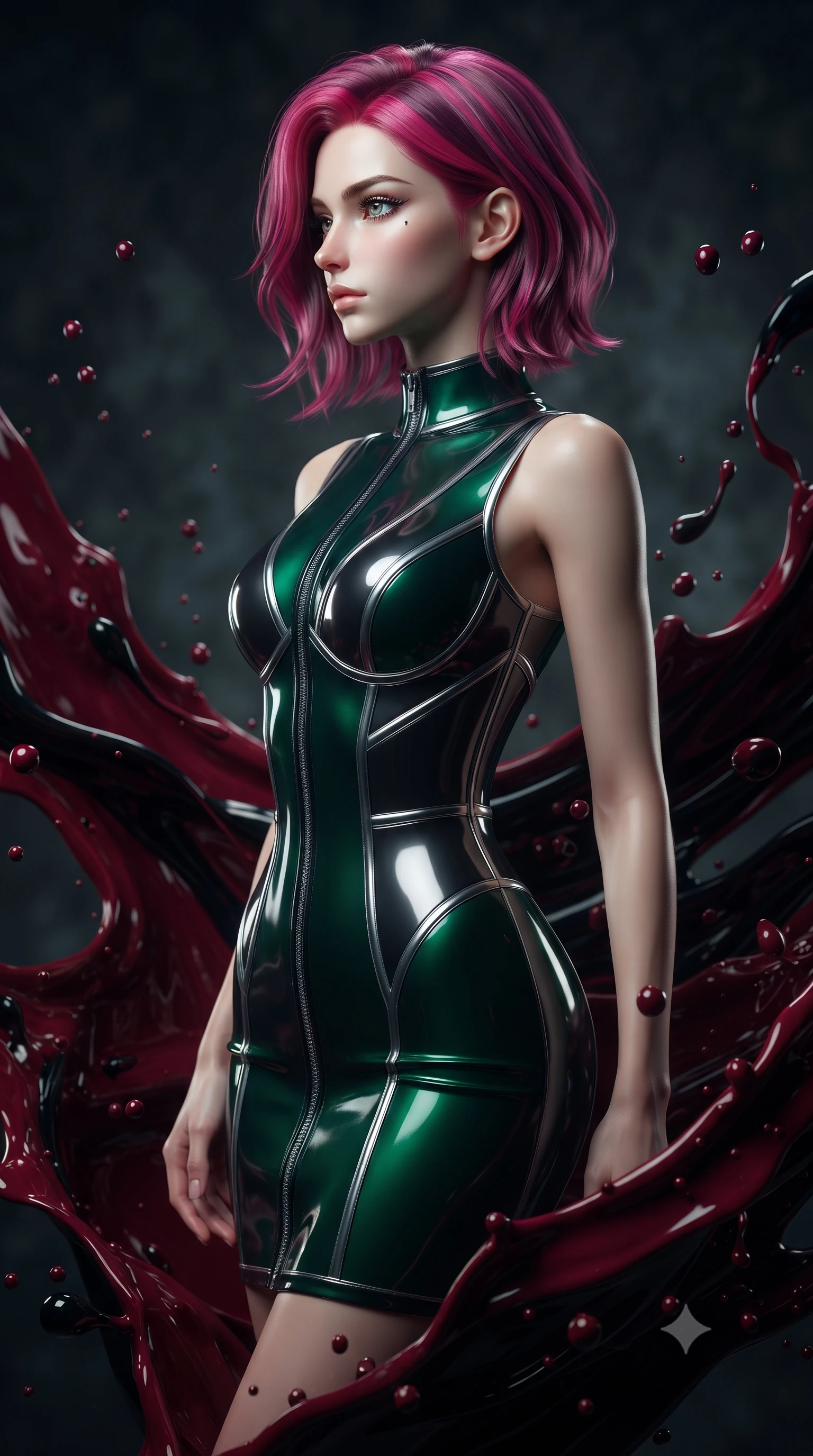 score_9, masterpiece, best quality, ultra-detailed, high-budget anime keyframe, editorial fashion photography, tasteful artistic composition, Caucasian woman. close-up cowboy shot from the waist and thighs up, the character dominates the composition, filling the frame with her large presence, background elements kept in soft focus. Turning her face in sharp dramatic profile against the moody key light, standing surrounded by zero-gravity swirls of dark crimson and obsidian liquid paint, high-gloss liquid acrylic droplets catching razor-sharp specular highlights. She has an exceptionally elegant, slender, and willowy female figure with an ultra-slim waist, a gracefully sculpted slender torso, and a refined silhouette. sharp v-shaped jawline, high-bridge nose, intricate jewel-like eyes with depth, thick eyelashes, glossy lips with a natural sheen. wearing precision-fitted bodycon dress in high-gloss liquid vinyl in deep emerald green, made of sculpted obsidian metallic chrome, finished with metallic silver boning and sleek zipper points, the fitted fabric emphasizing her ultra-slim waist. lit by single intense key ray accentuating liquid paint contours. highly saturated vibrant anime colors, detailed shading with soft gradients, rich glossy textures, high-contrast stereoscopic depth, volumetric dynamic lighting, master piece, 9:16 ratio