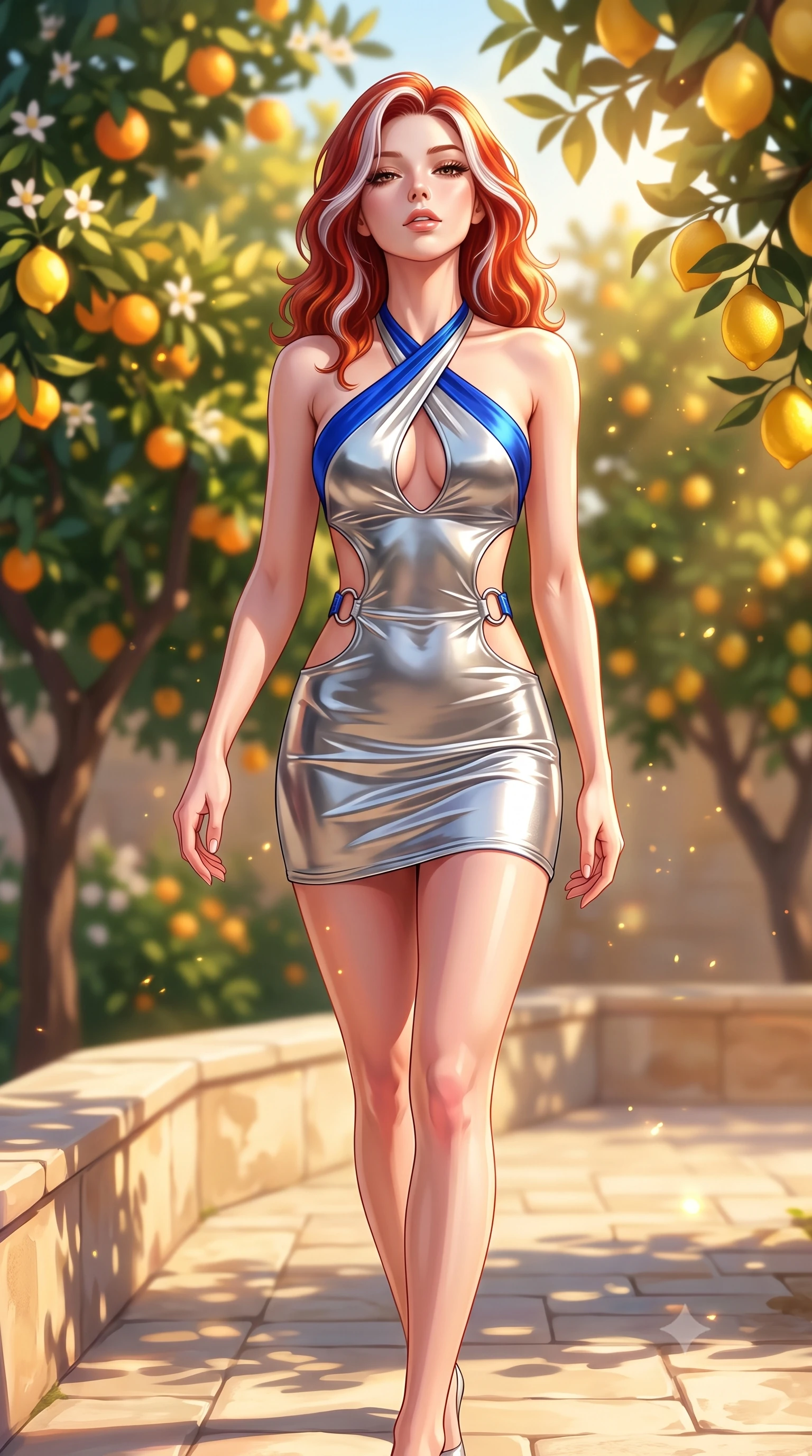score_9, masterpiece, best quality, ultra-detailed, high-budget anime keyframe, semi-realistic 3D game render, editorial fashion photography, tasteful artistic composition, Caucasian woman. close-up cowboy shot from the waist and thighs up, the character dominates the composition, filling the frame with her large presence. tilting her head back with a sensual alluring expression, exposing her throat and shoulders to the camera with heavy lashes and softly parted glossy lips while walking gracefully along a sunlit stone terrace flanked by blooming orange trees and ripe golden lemons. The composition keeps background elements in soft focus with creamy bokeh. warm afternoon sunlight filtering through citrus leaves scattering radiant light motes. She has an exceptionally elegant, slender, and willowy female figure with an ultra-slim waist, a gracefully sculpted slender torso, toned flat midriff, and a refined slim silhouette. sharp v-shaped jawline, high-bridge nose, intricate jewel-like eyes with depth, thick eyelashes, glossy lips with a natural sheen, flawlessly proportioned anatomical accuracy, strict slender model proportions, natural body alignment, perfectly sculpted long slender limbs, ultra-slim waistline, clean dynamic posture without body distortion. wearing a molten silver liquid-metal mini dress featuring deep side-waist cutouts and a daring crossover halter neckline in liquid electric cobalt blue and polished silver, made of liquid metal jersey that clings flawlessly to every contour of her build, detailed with polished silver rings connecting the daring side-waist cutouts, the form-contouring material adhering flawlessly to her sculpted flat midriff and slender torso, emphasizing her long leg lines and perfectly proportioned willowy build. bathed in warm golden afternoon sunbeams filtering through citrus canopies. highly saturated vibrant anime colors, detailed shading with soft gradients, rich glossy textures, high-contrast stereoscopic depth, volumetric dynamic lighting, master piece, 9:16 ratio