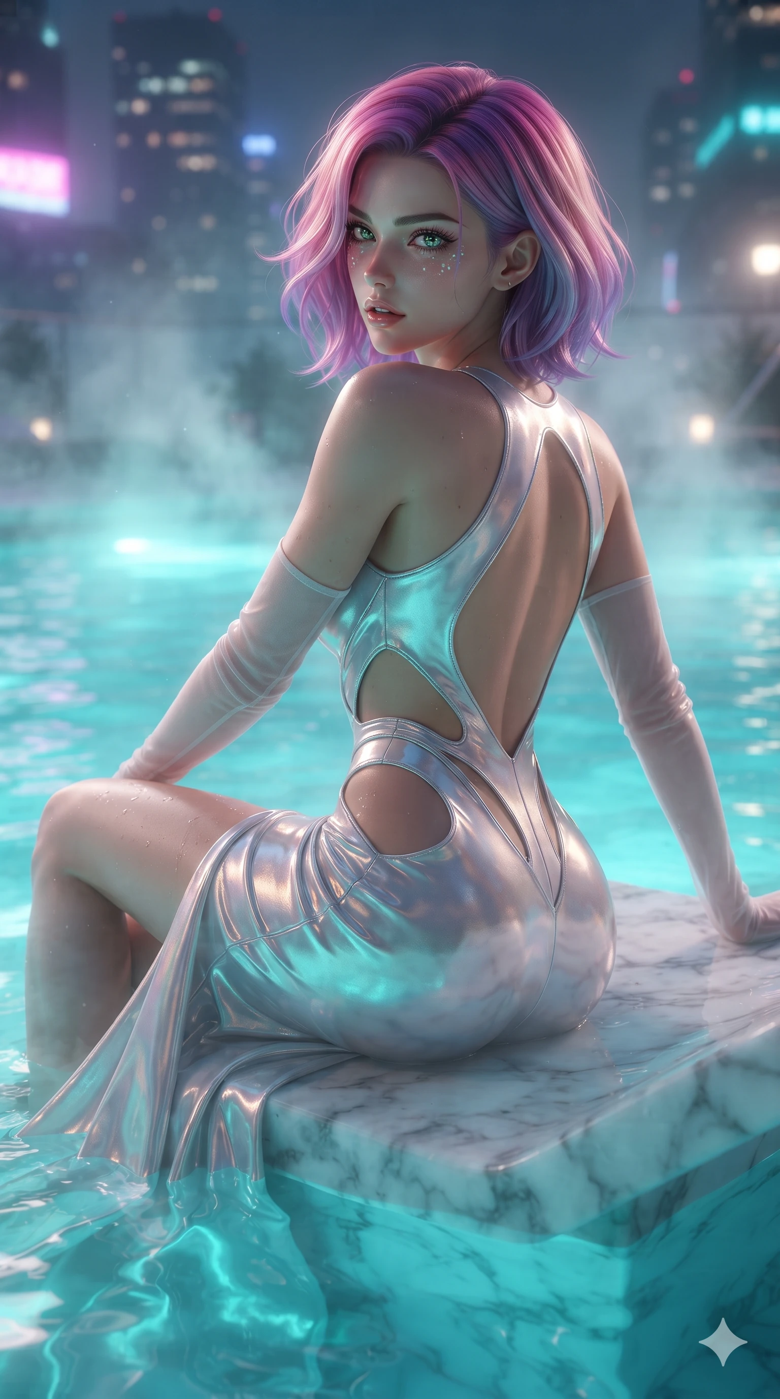 score_9, masterpiece, best quality, ultra-detailed, high-budget anime keyframe, editorial fashion photography, tasteful artistic composition, Caucasian woman. close-up cowboy shot from the waist and thighs up, the character dominates the composition, filling the frame with her large presence. leaning forward while arching her lower back to accentuate her curvy hips, looking into the camera with an intoxicating smoldering gaze and bedroom-eyes while reclining on the submerged marble chaise with one knee bent, looking back over her shoulder with an intoxicating smoldering bedroom-gaze. The background shows a soft-focus mineral steam haze softened in skyline geothermal pool shallow focus. She has an exceptionally elegant, slender, and willowy female figure with an ultra-slim waist, flat toned midriff, narrow ribcage, and sculpted feminine hips creating an alluring, slim hourglass silhouette without bulk. sharp v-shaped jawline, high-bridge nose, intricate jewel-like sparkling eyes with depth, thick eyelashes, glossy parted lips with a natural sheen, intensely captivating and seductive bedroom-eyes expression, exuding both youthful cute charm and sovereign luxury allure, flawlessly proportioned anatomical accuracy, strict slender model proportions, natural body alignment, perfectly sculpted long slender limbs, ultra-slim waistline, clean dynamic posture without body distortion. wearing a sculptured liquid-satin mermaid gown with an architectural open-waist cutout and bare spine in iridescent mother-of-pearl and liquid molten silver, crafted from luxurious metallic lamé that shifts radiance with every step, complemented by sheer opera-length evening gloves tracing her slender arms, the precision-cut side openings and low-back scoop framing her graceful spine and the sensual sweep of her slim, toned hips. bathed in the radiant underwater turquoise glow of the thermal pool mixed with ambient city neon from the surrounding skyline. ultra-reflective glossy finish, specular highlights, rich textural contrasts, high-contrast stereoscopic depth, volumetric dynamic lighting, 2k, ultra detail, master piece, 9:16 ratio