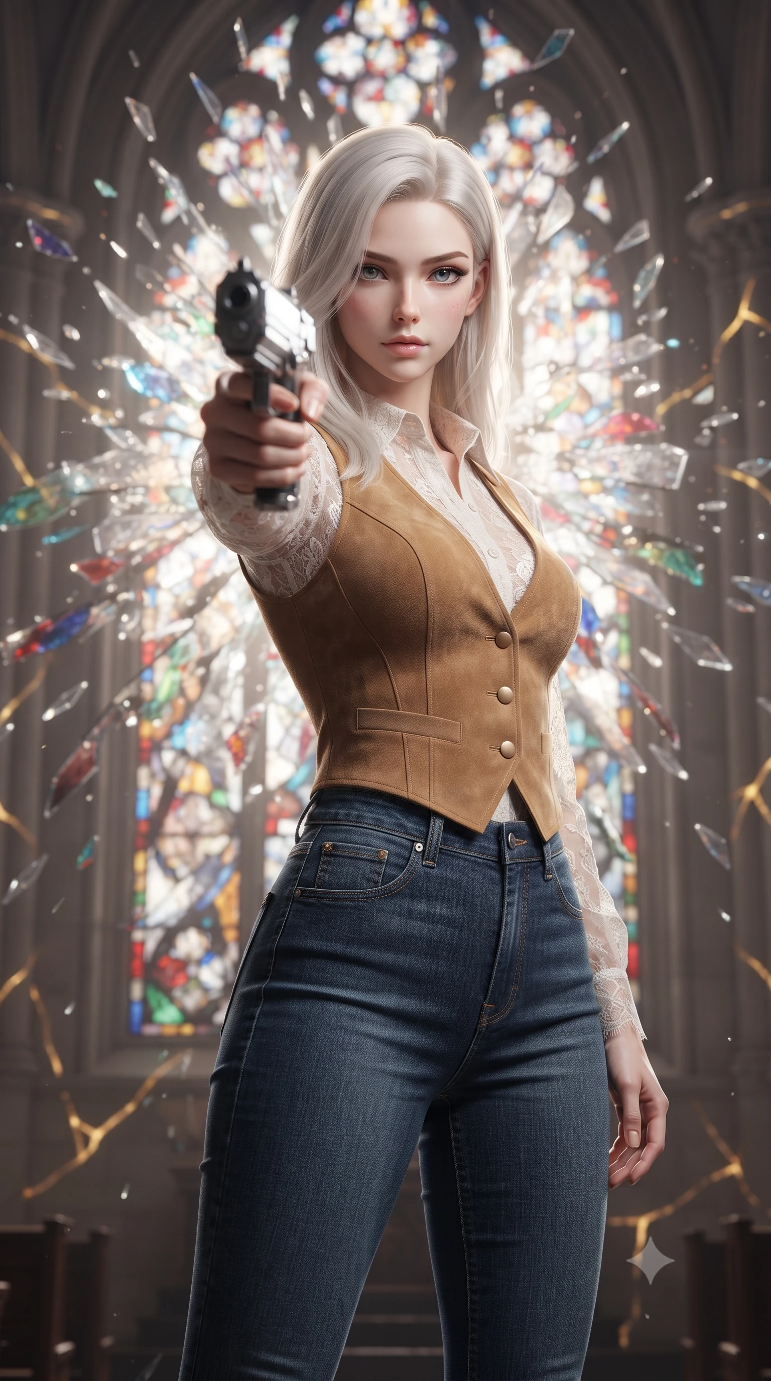 score_9, masterpiece, best quality, ultra-detailed, high-budget anime keyframe, editorial fashion photography, tasteful artistic composition, realistic cosplay photography, Caucasian woman, strictly human ears. close-up cowboy shot from the waist and thighs up, the character dominates the composition, filling the frame with her large presence, background elements kept in soft focus. Pointing a weapon directly past the lens with a calm, dominant gaze of superiority. set against a soft-focus background of standing inside a cathedral window frame as the massive stained glass explodes outward, sending colored shards flying. She has an exceptionally elegant and slender, willowy female figure with an ultra-slim waist, a gracefully sculpted slender torso, and a refined slim physique. sharp v-shaped jawline, high-bridge nose, intricate jewel-like eyes with depth, thick eyelashes, glossy lips with a natural sheen. wearing tailored for maximum mobility, sleek form-contouring panels that allow fluid movement, a form-contouring sheer white lace blouse layered under a camel suede vest, paired with high-waisted dark blue jeans. glowing kintsugi gold light radiating from cracks in the environment creating a majestic inner glow. ultra-reflective glossy finish, specular highlights, metallic sheen, high-contrast stereoscopic depth, volumetric dynamic lighting, 2k, ultra detail, master piece, 9:16 ratio